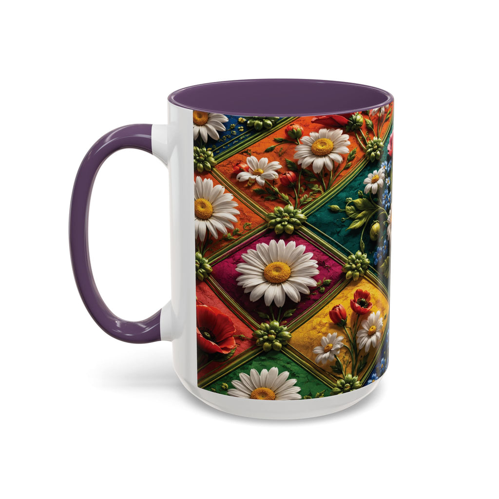 Floral Patchwork Accent Coffee Mug — Colorful Poppies & Daisies (11/15oz) 3D Illusion