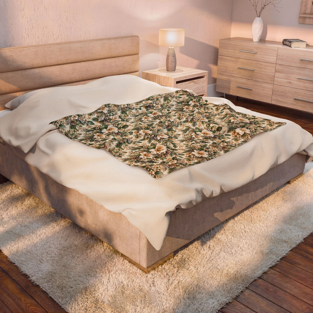 Sage Green & Champagne Floral Velveteen Plush Throw Blanket