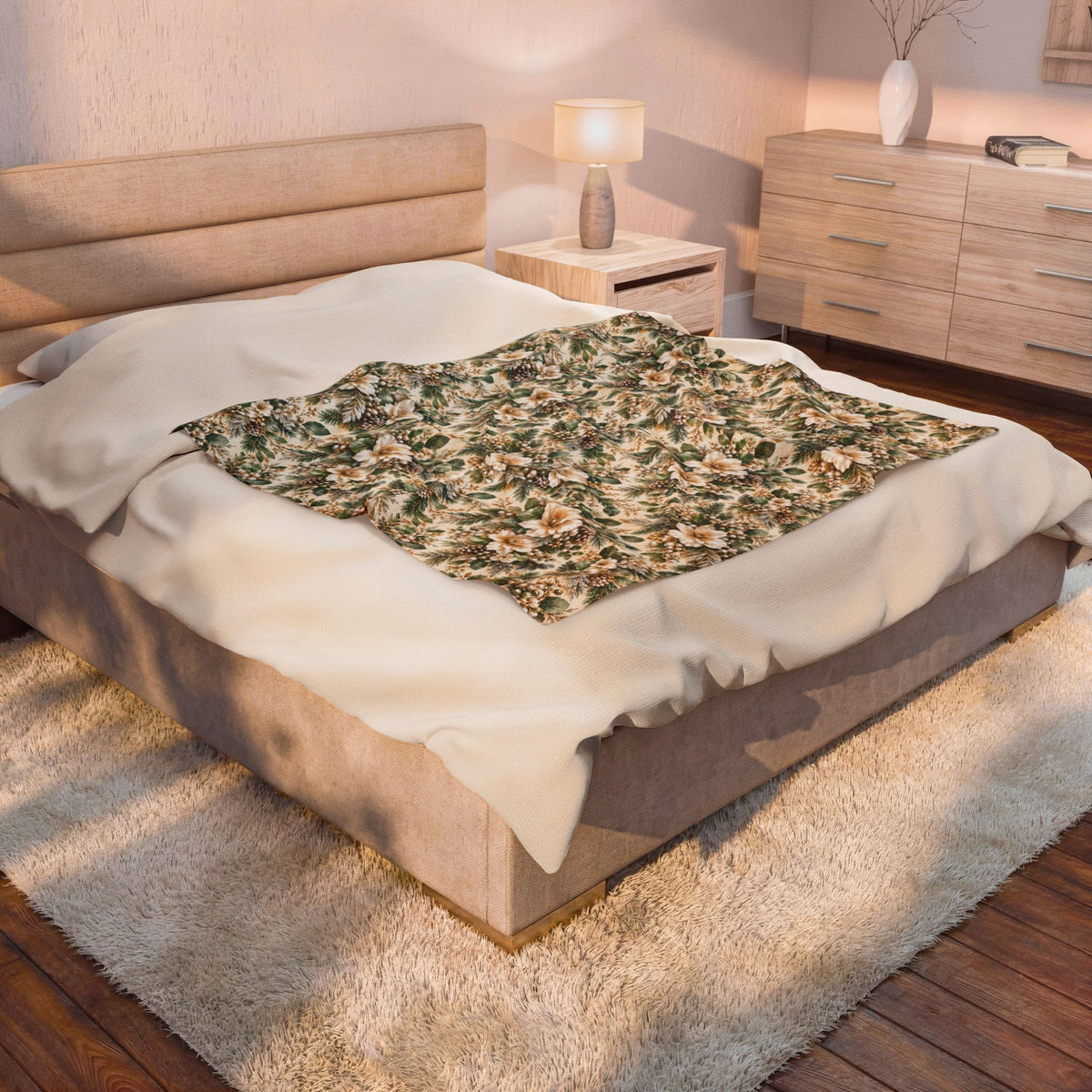 Sage Green & Champagne Floral Velveteen Plush Throw Blanket