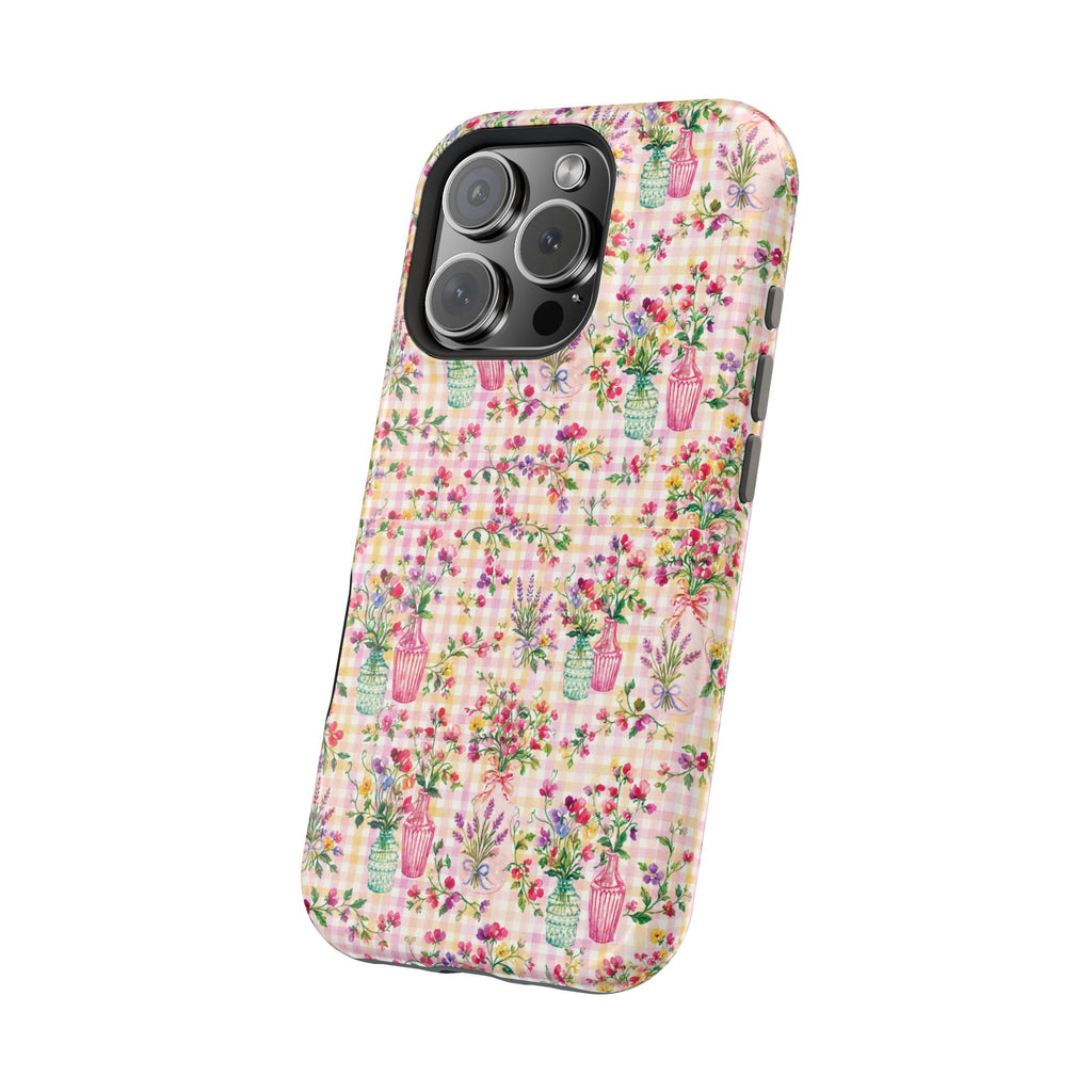 Turquoise & Pink Floral Checker Phone Case — Magnetic Impact-Resistant