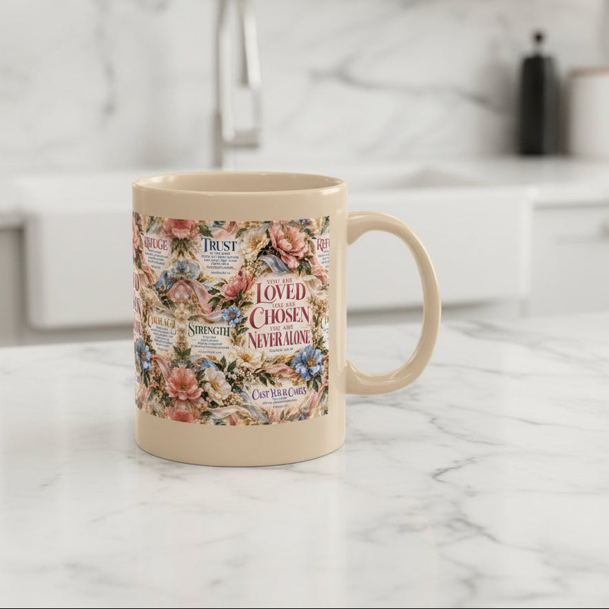 A beige ceramic mug with a floral and vintage-style print featuring Bible verses and phrases like 'LOVED TO BE CHOSEN AND NEVER ALONE' on a white background.