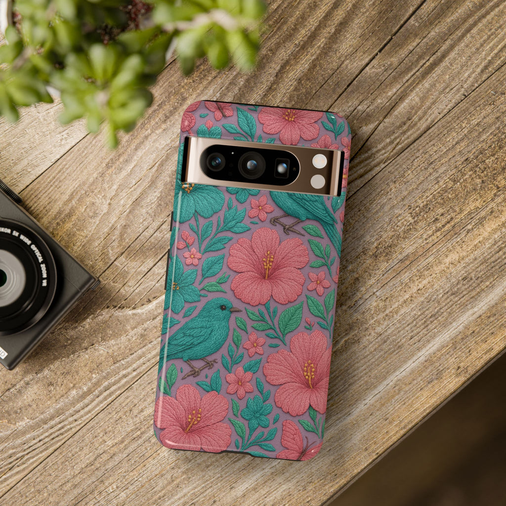 Turquoise, Pink and Lavender 3D Embroidery Illusion Phone Case Tropical Flowers, Birds & Butterflies Cover with Bold, Realistic Floral Texture iPhone, Samsung