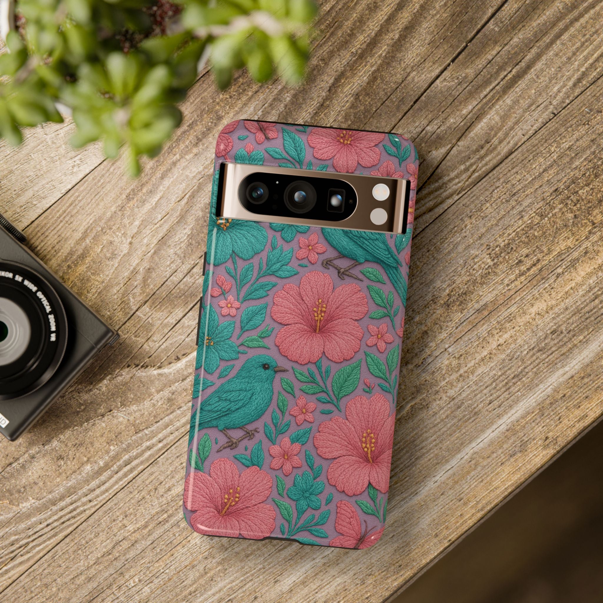 Turquoise, Pink and Lavender 3D Embroidery Illusion Phone Case Tropical Flowers, Birds & Butterflies Cover with Bold, Realistic Floral Texture iPhone, Samsung