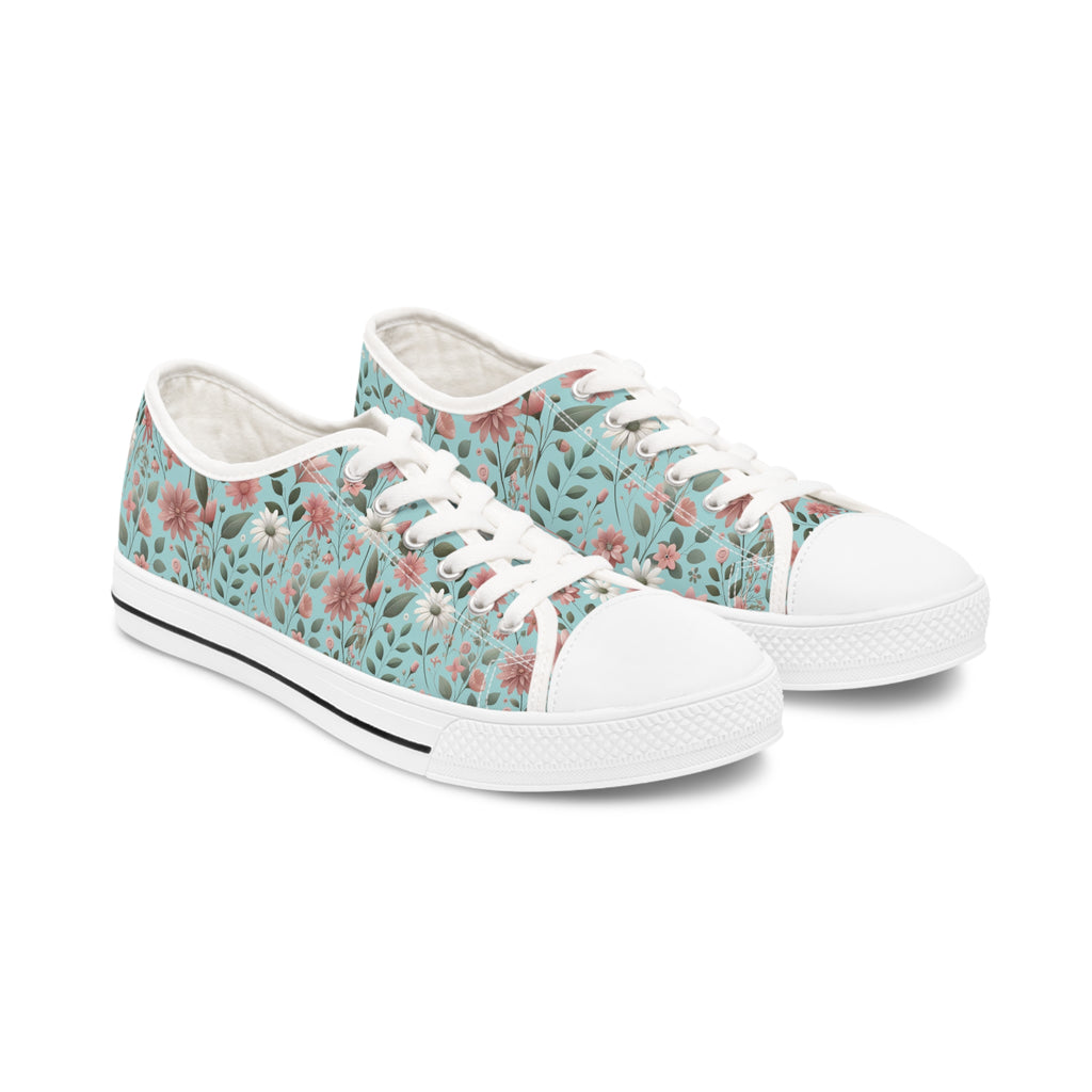 Aqua and Pink Floral Women's Low Top Sneakers Breathable Polyester Canvas, Lightweight Stylish Floral Pastel Design, Comfortable All-Day Wear, Perfect for Walking and Everyday Activities - MRSBYVALLE