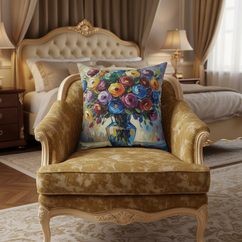 Decorative pillow with a colorful floral painting on a white background