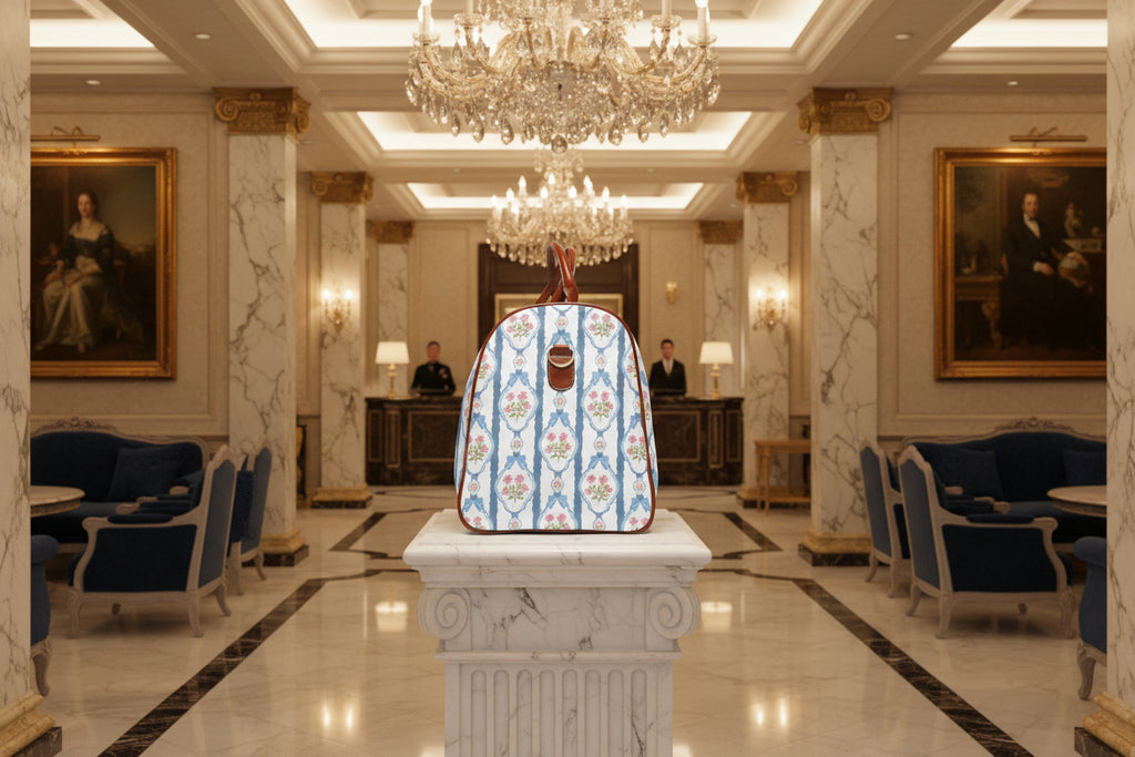 Backpack with floral pattern and brown leather straps on a white background
