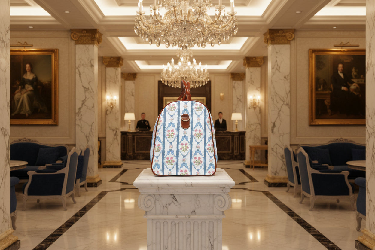 Backpack with floral pattern and brown leather straps on a white background