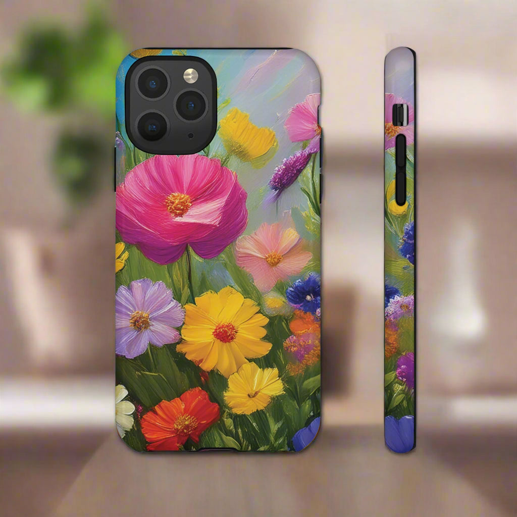 Phone case with colorful floral design on a white background