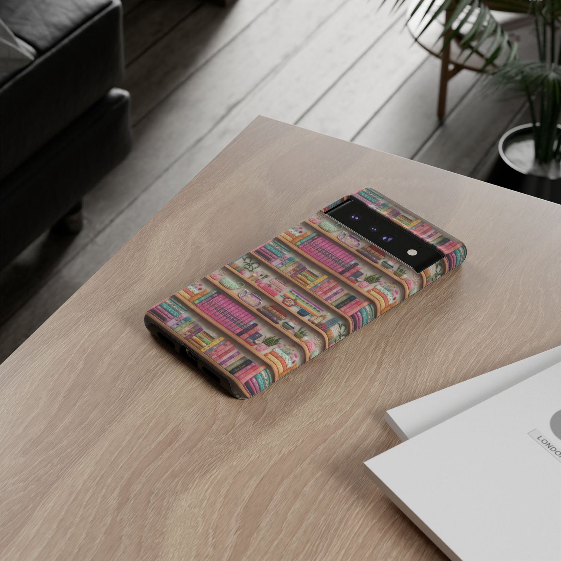 Whimsical 3D Embroidery Illusion Books on Pastel Shelves Phone Case for iPhone, Samsung & Pixel: Unique Accessory for Literary Enthusiasts Gift for Her Perfect for Floral Lover