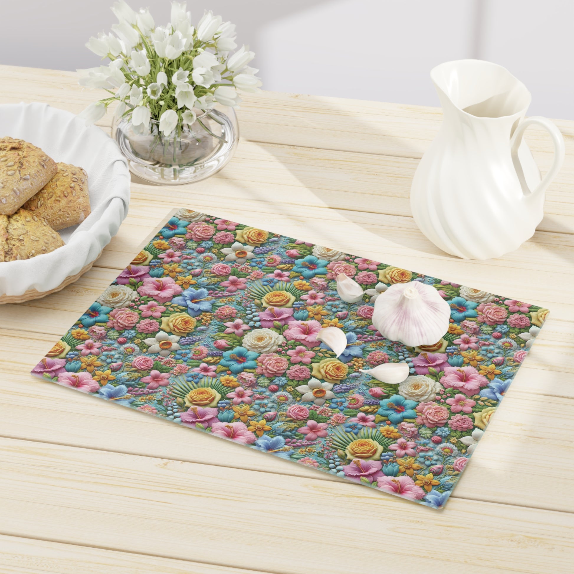 Pastel Floral Tempered Glass Cutting Board  Elegant and Durable, Heat-Resistant Surface with Beautiful Flower Design, Perfect for Cooking, Serving, and Gifting - MRSBYVALLE