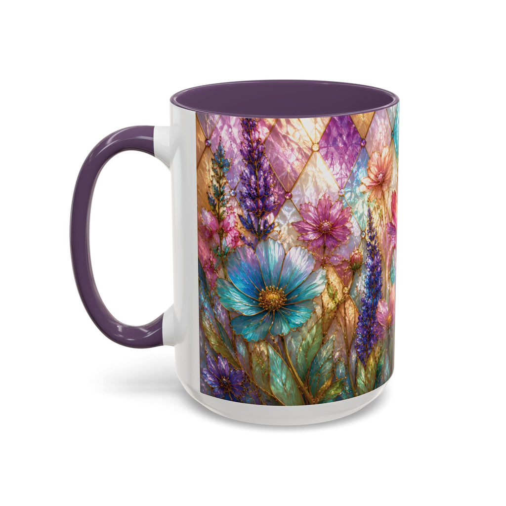 Floral Mosaic Accent Coffee Mug — Colorful Garden Flowers 11/15oz Stain Glass Illusion