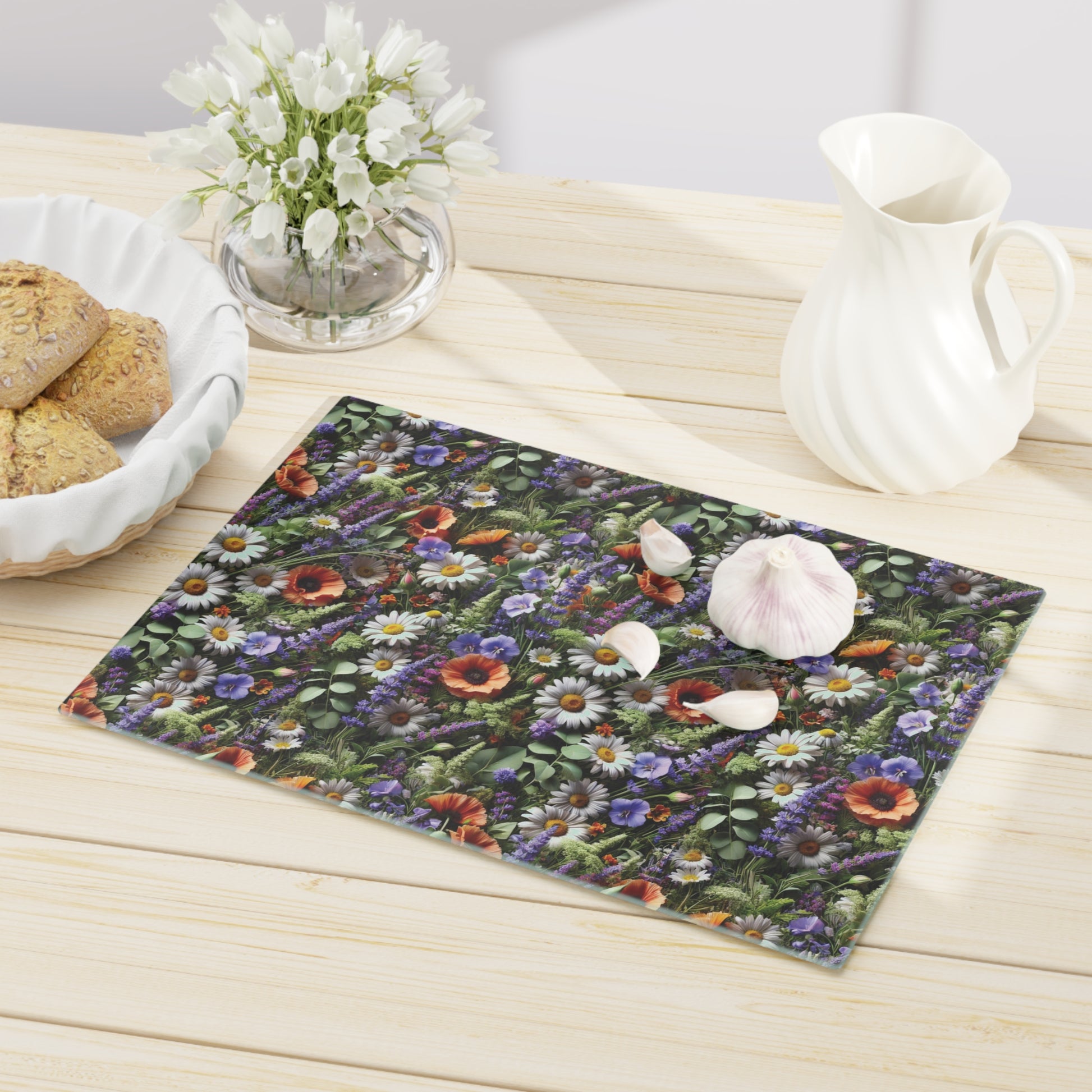Boho Wildflowers Cutting Board - Durable Glass Kitchen Decor, Vibrant Floral Design, Perfect for Chopping, Serving, or Gifting - MRSBYVALLE