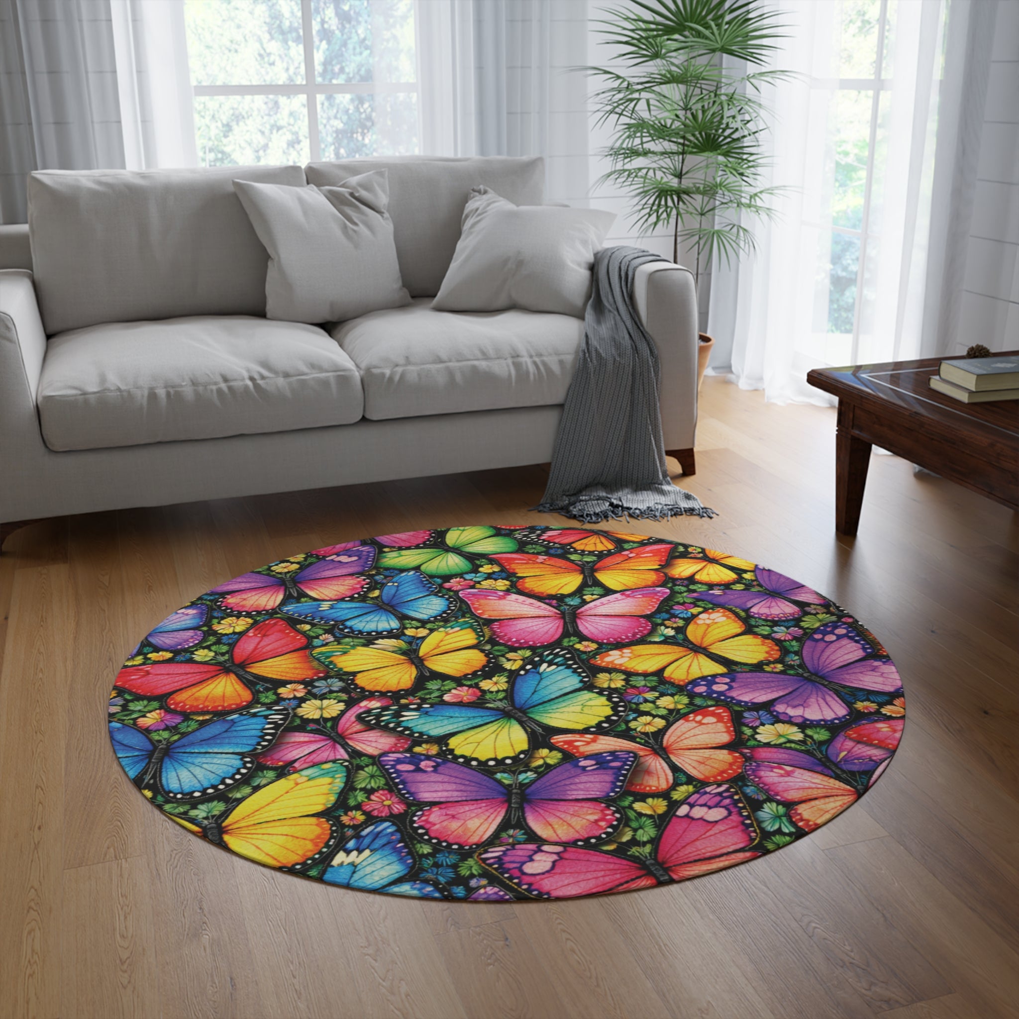 Bright Beautiful Butterflies Round Rug — Colorful Butterfly Area Rug for Living Room, Nursery & Patio