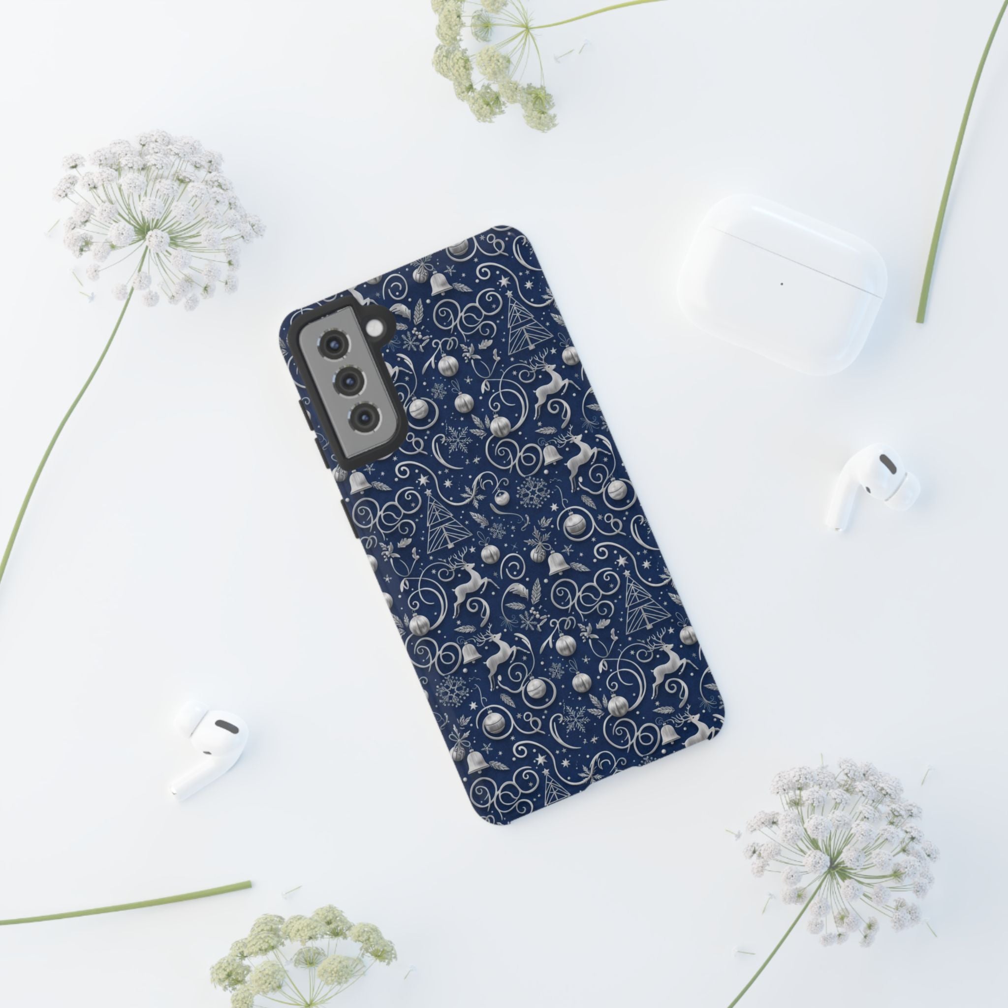 Coque Téléphone Noël Bleu & Argent – Motif Paillettes Festives pour iPhone 17, Tous iPhones & Galaxy | Cadeau MRSBYVALLE pour Elle