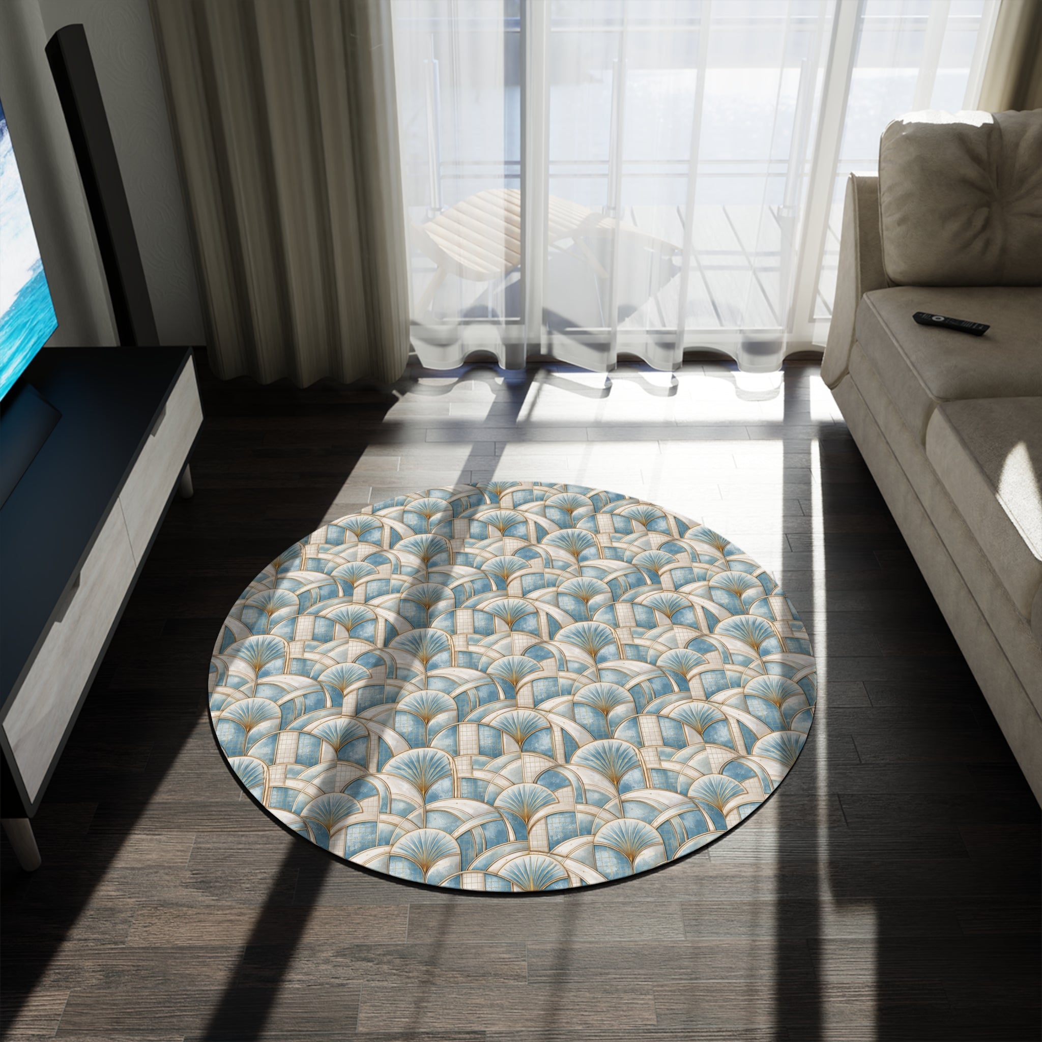 Blue & Gold Geometric Luxury  Round Rug