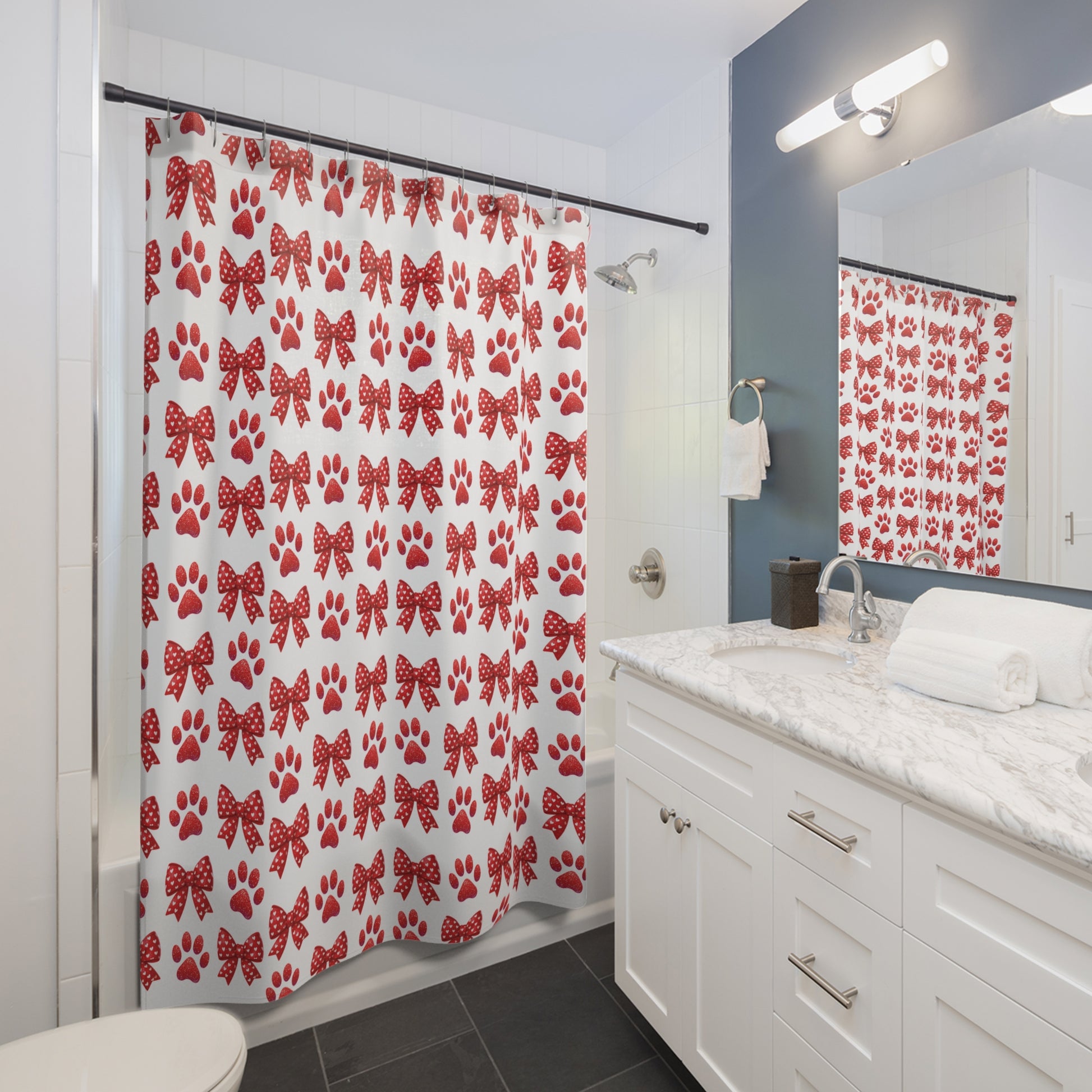 Red Bows and Paws Shower Curtain 71x74 - Cute Paw Print Bathroom Decor, Adorable Dog Lover Gift, Durable and Stylish, Perfect Pet-Themed Home Accessory! - MRSBYVALLE