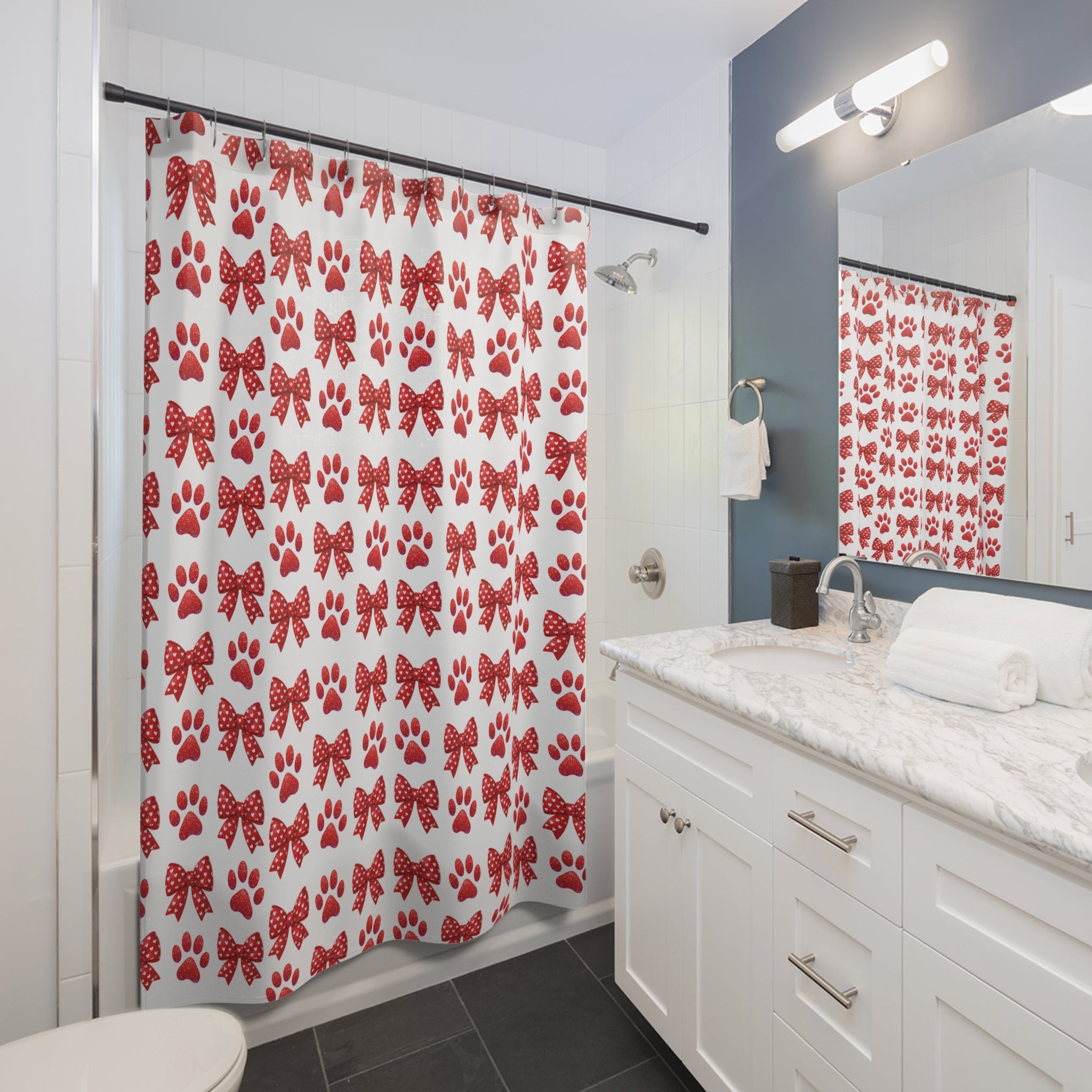Red Bows and Paws Shower Curtain 71x74 - Cute Paw Print Bathroom Decor, Adorable Dog Lover Gift, Durable and Stylish, Perfect Pet-Themed Home Accessory! - MRSBYVALLE