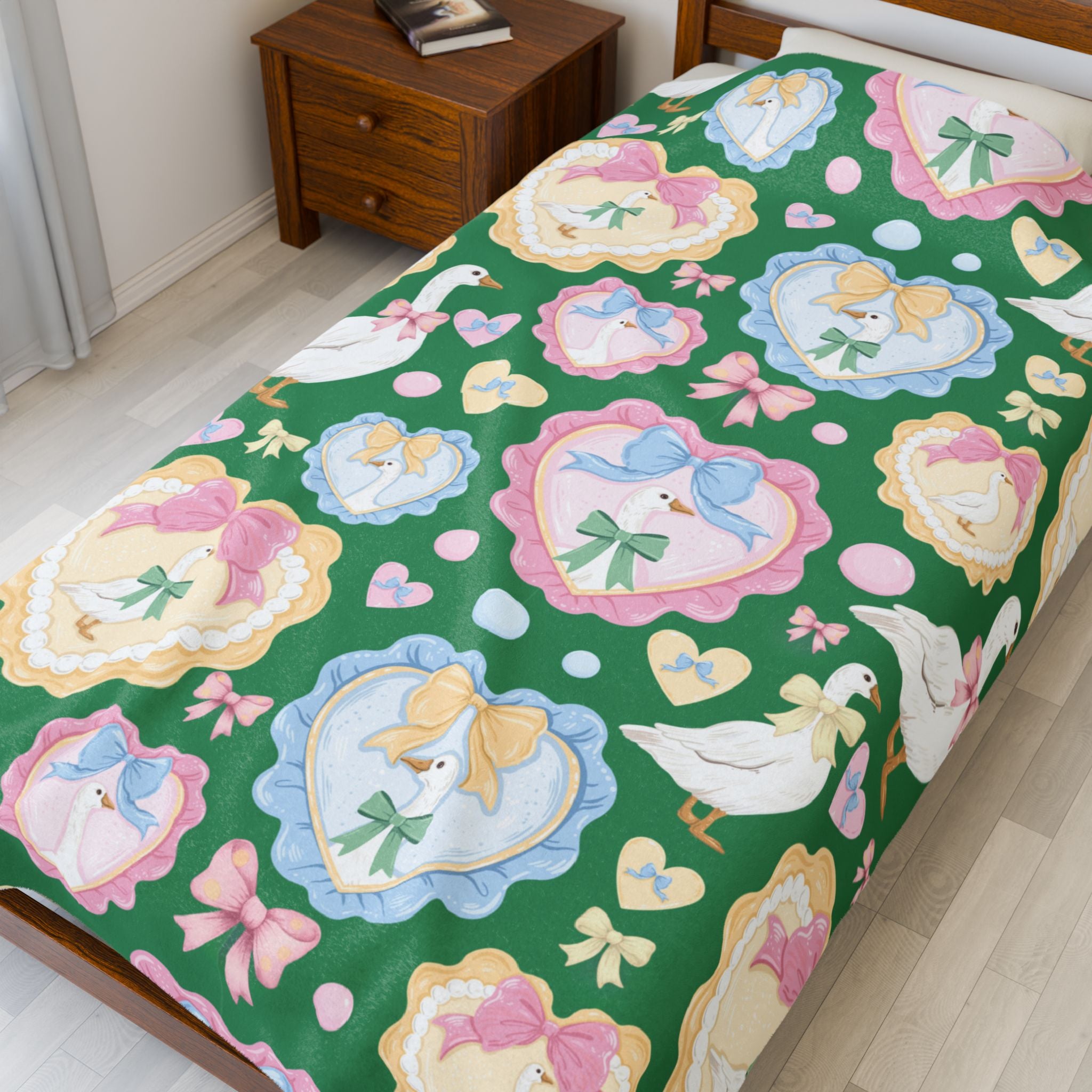 Silly Goose Green Velveteen Plush Blanket — Pastel Bows & Hearts Cozy Throw