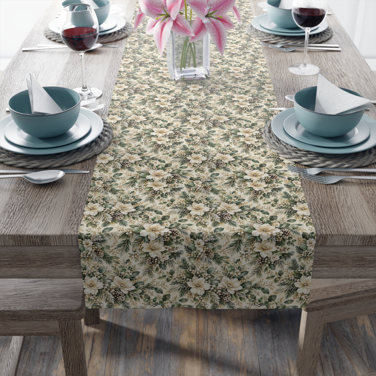 Sage Green & Champagne Floral Table Runner