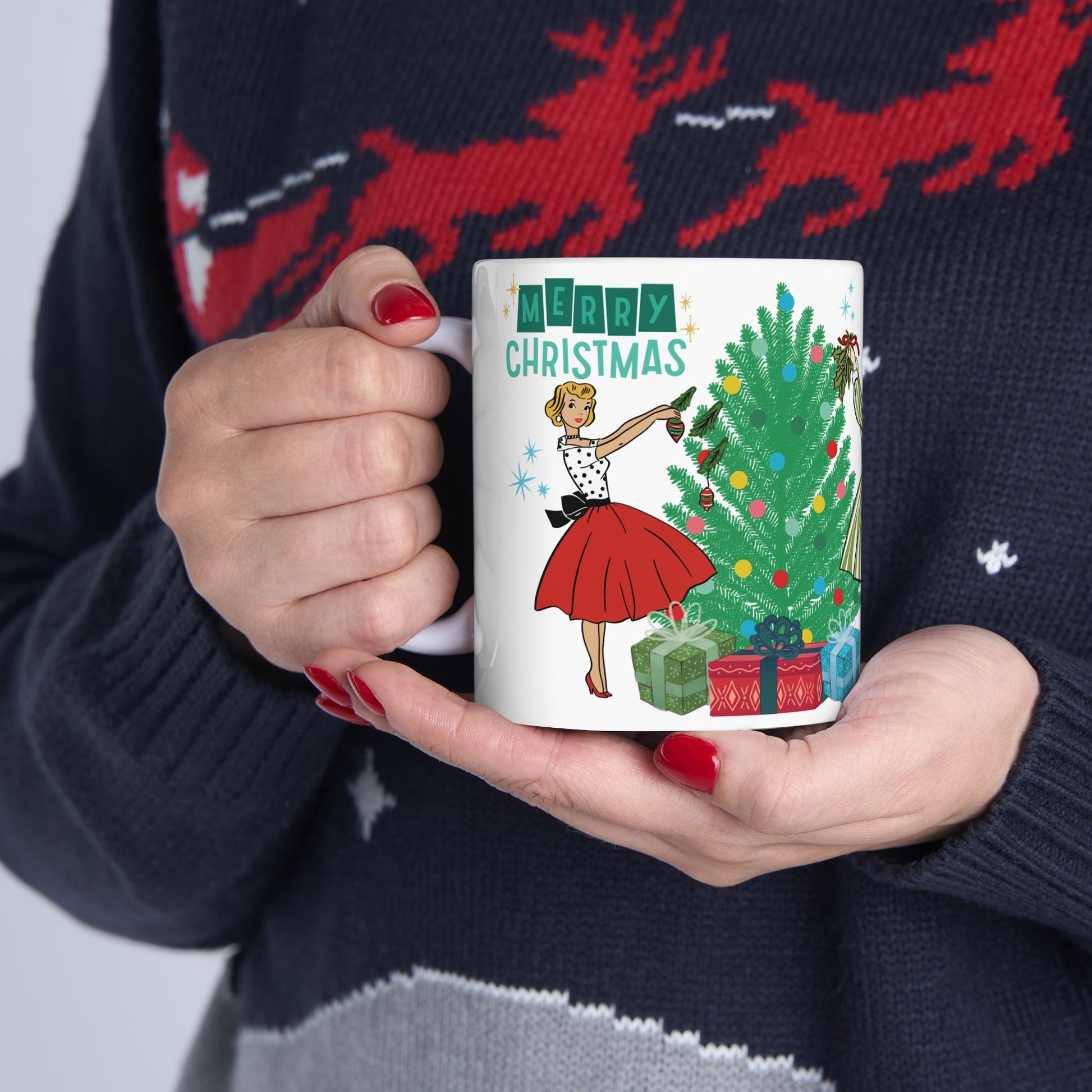 Retro Glam 50s Christmas Mug | Vintage Holiday Coffee Cup, Festive Mid Century Xmas Kitchen Drinkware Gift for Mom