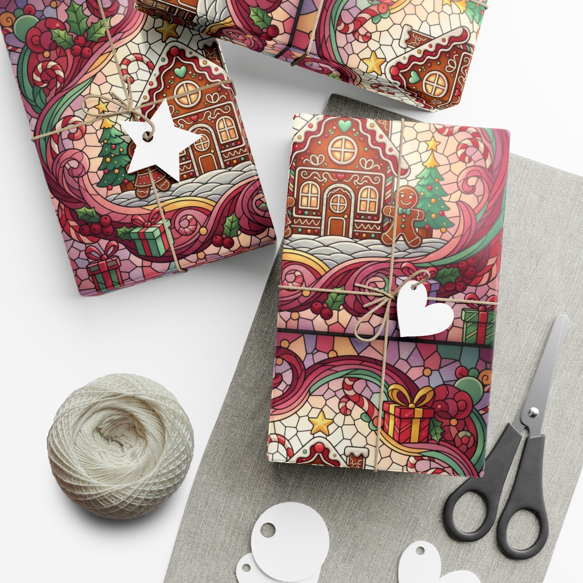 Stained Glass Gift Wrap Papers, Gingerbread House and Family Design - Wrapping Sheets, Festive Holiday Craft Supplies, Christmas Decoration