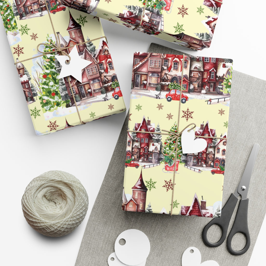 Christmas Village Wrapping Paper Whimsical Winter Wonderland with Pastel Trees, Snowflakes, and Festive Gifts Perfect for a Magical Holiday Season in Matte/Satin, All Occasion - MRSBYVALLE