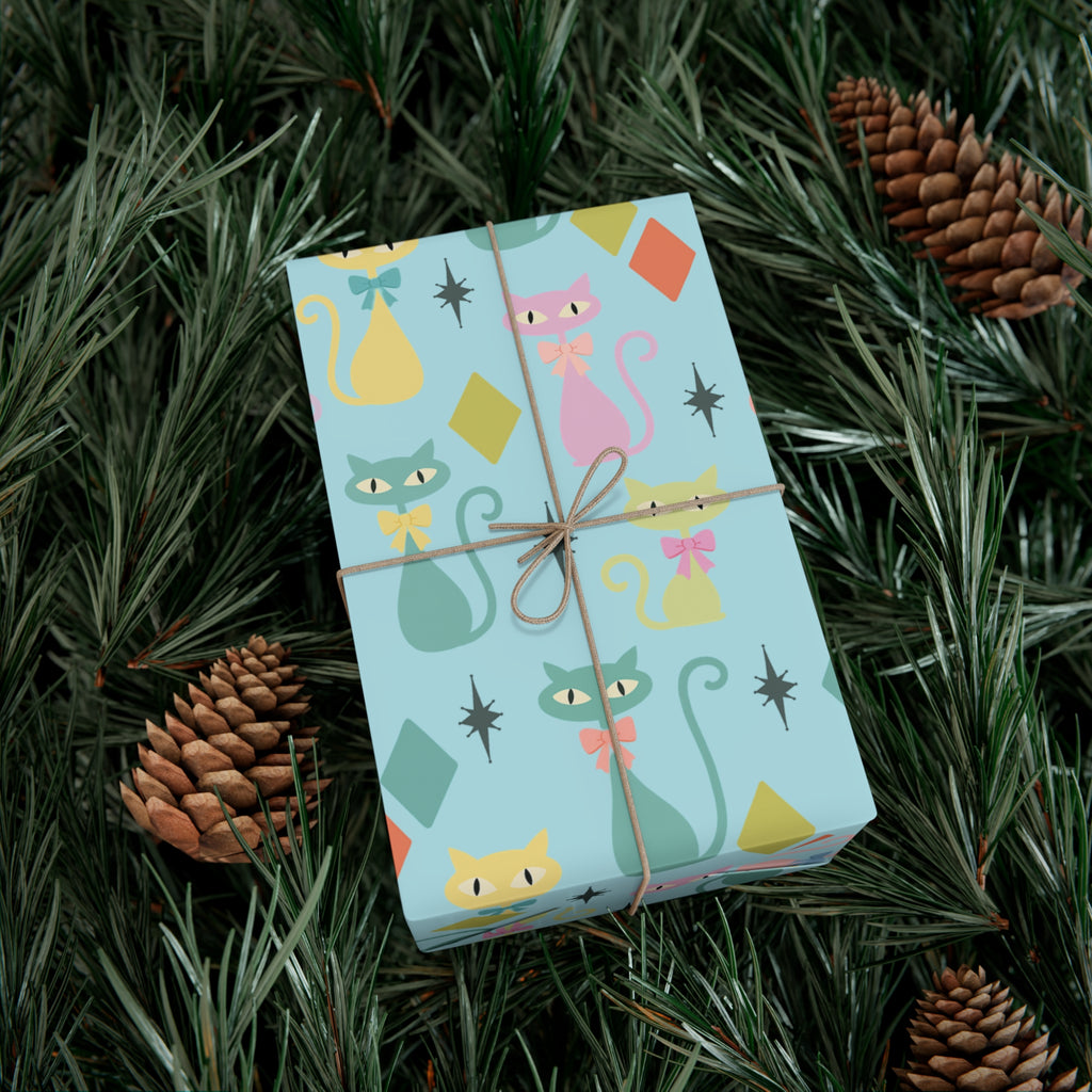 Papier cadeau chat atomique, papier cadeau rétro, motif chaton pastel du milieu du siècle, fêtes vintage 30x20, 30x72, 30x144 Parfait pour toutes les occasions