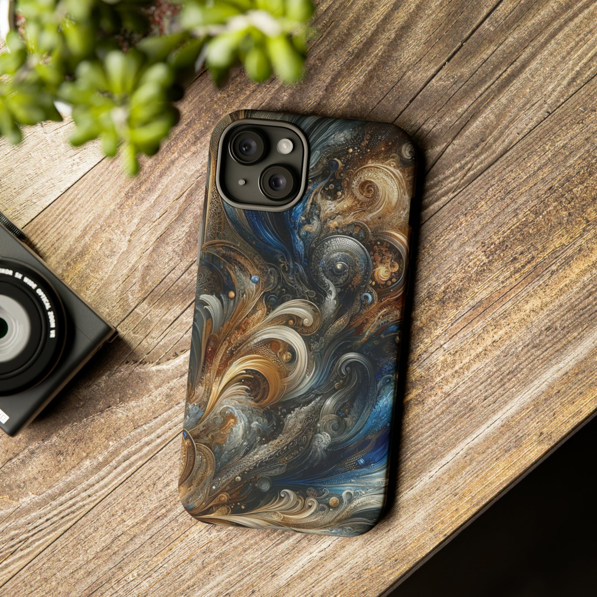 Gold and Navy Art Design Luxury Phone Tough Case Floral Elegant Durable Stylish for Modern Devices iPhone 15, Samsung iPhone Samsung Accessory Gift for Her.