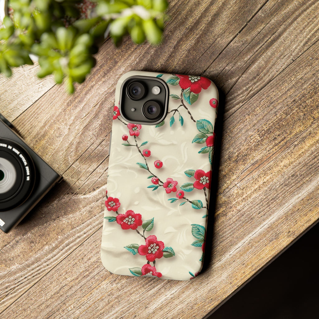 3D Embroidery Illusion Red Flowers Phone Case for iPhone, Samsung Pixel Artistic Floral Protection 15 14 13 12, 21 23 Gift for Her Perfect for Floral Lover