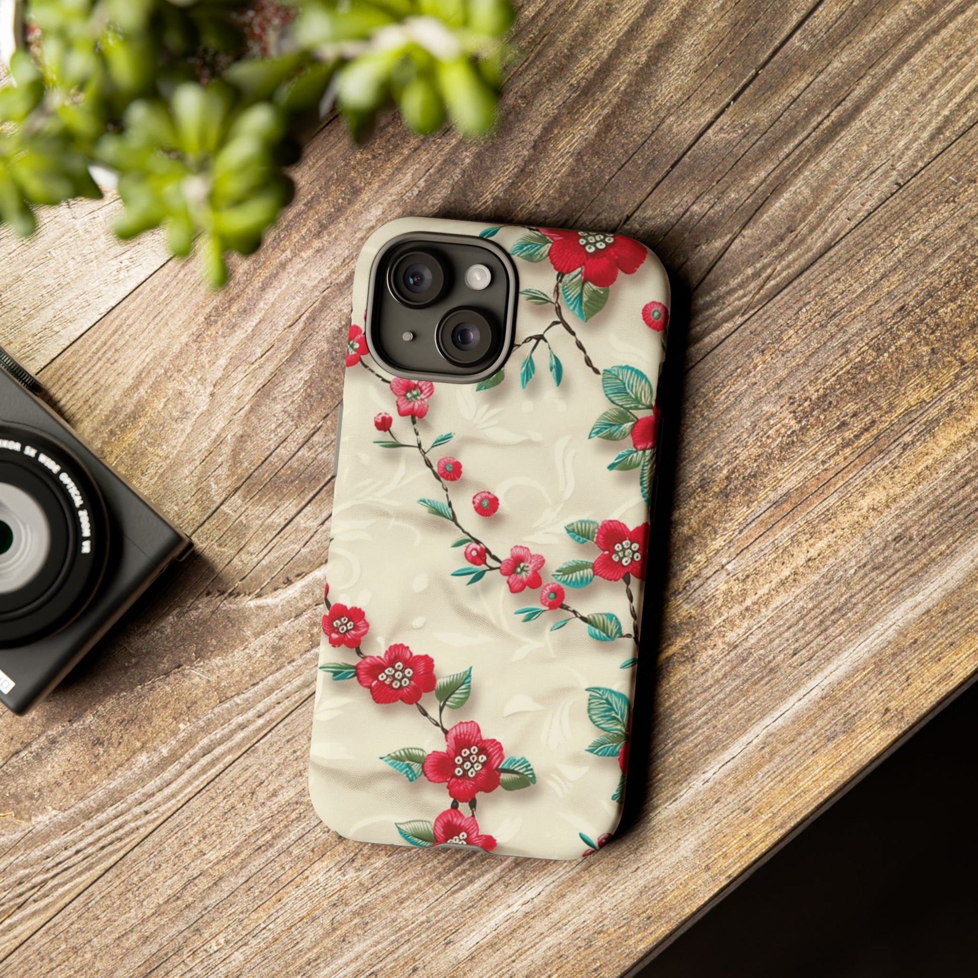 3D Embroidery Illusion Red Flowers Phone Case for iPhone, Samsung Pixel Artistic Floral Protection 15 14 13 12, 21 23 Gift for Her Perfect for Floral Lover