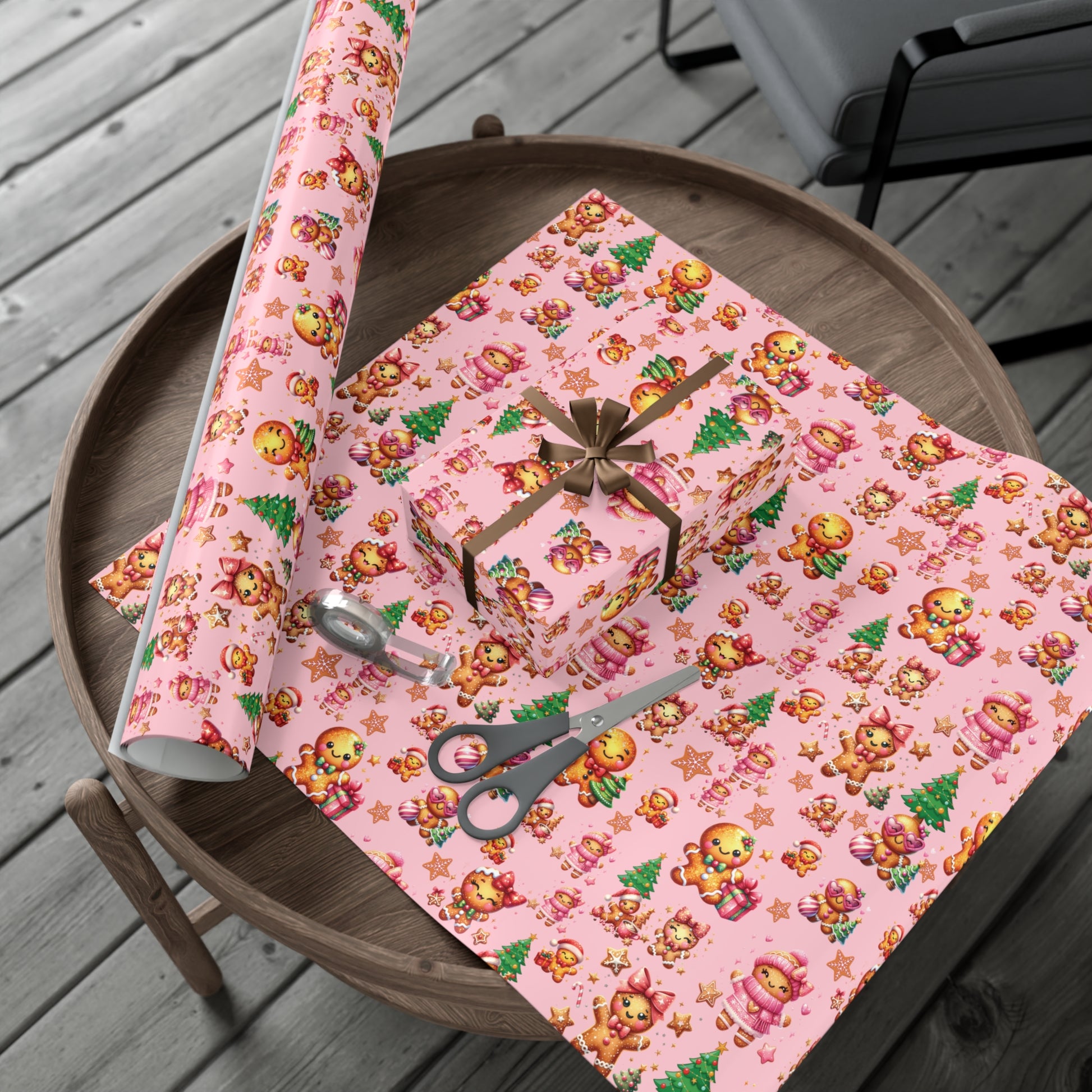 Pink Gingerbread Girls Christmas Wrapping Paper Cute Holiday Gift Wrap for Her, Festive & Whimsical Packaging for Xmas, Baby Showers Birthdays 3 SizesPerfect for Seasonal Gifting