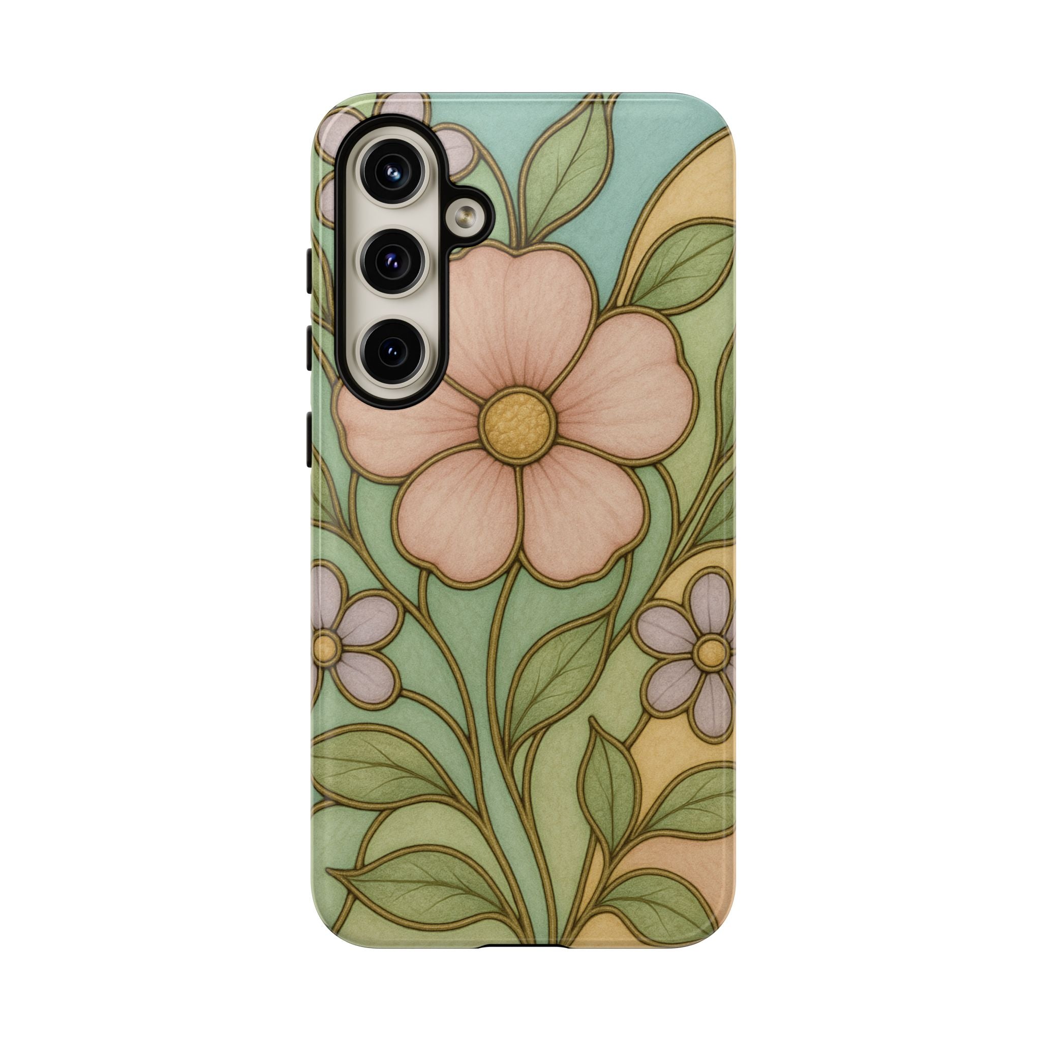 Pastel Pink, Yellow Stain Glass Illusion Floral Phone Case  Romantic Cottagecore Aesthetic, Soft Botanical Design, Protective Gift for Her, Fits iPhone & Samsung Models