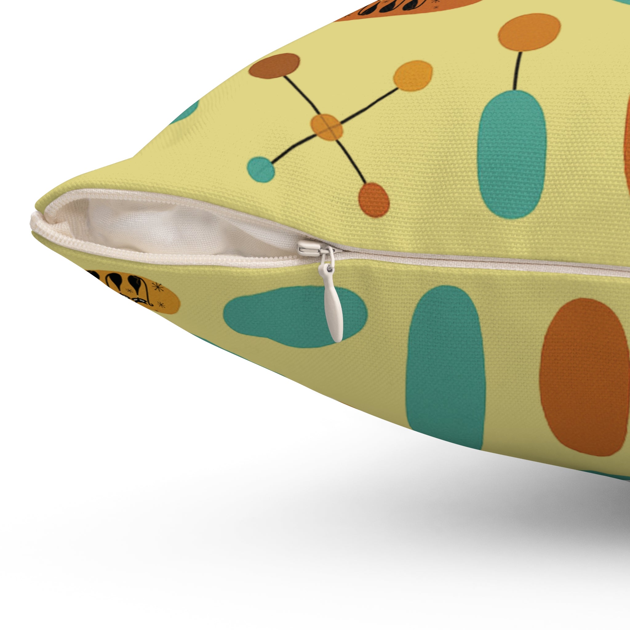 Atomic Cat Throw Pillow, Mid Century Modern Yellow Cushion, Retro Kitty Accent Pillow, Pastel Coquette Bow, Vintage Home Decor, Reading Nook