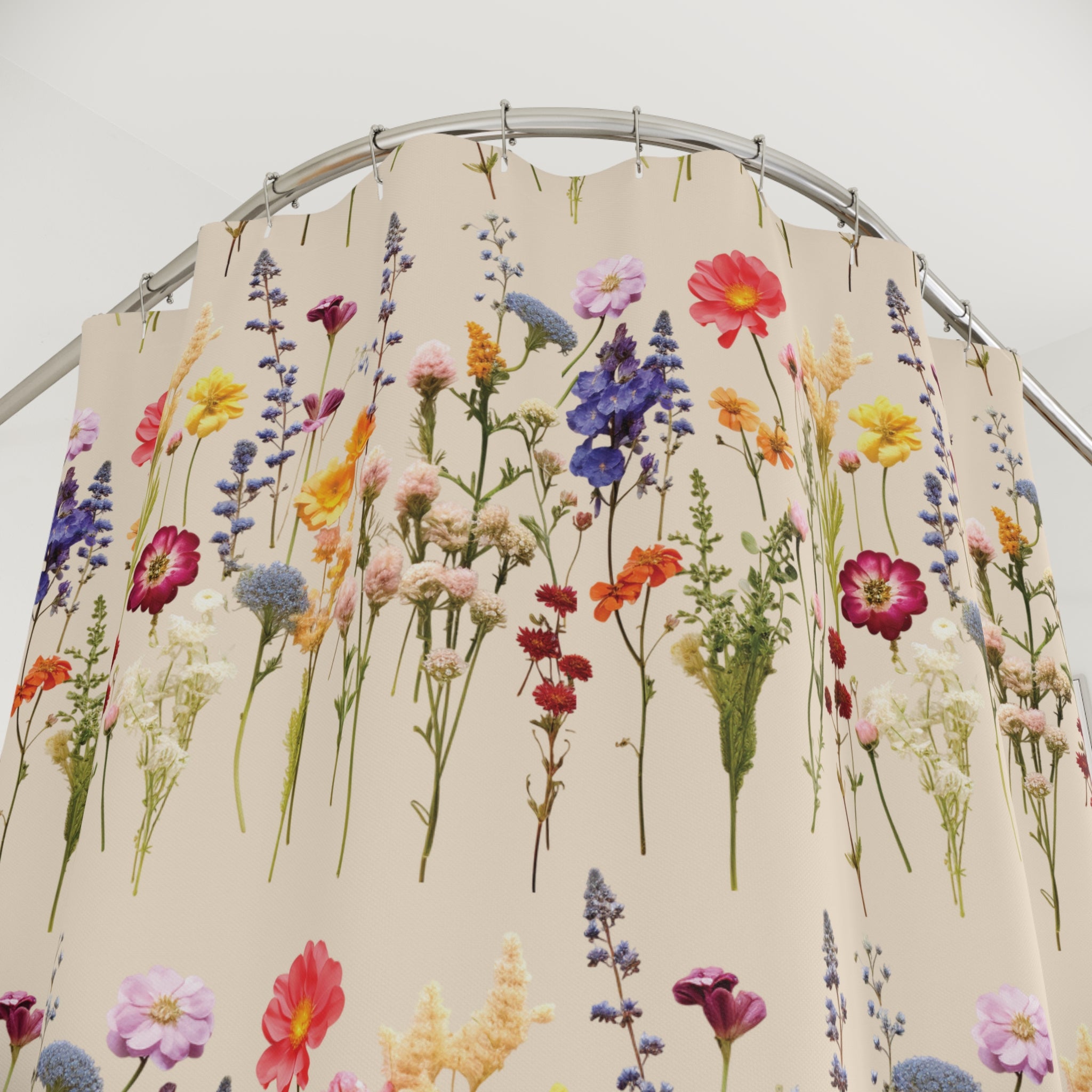 Boho Wildflower Shower Curtain, Floral Bathroom Decor, Botanical Cottage Style, Nature Lover Gift, Bohemian Flower Fabric Bath Curtain Gift Newlywed