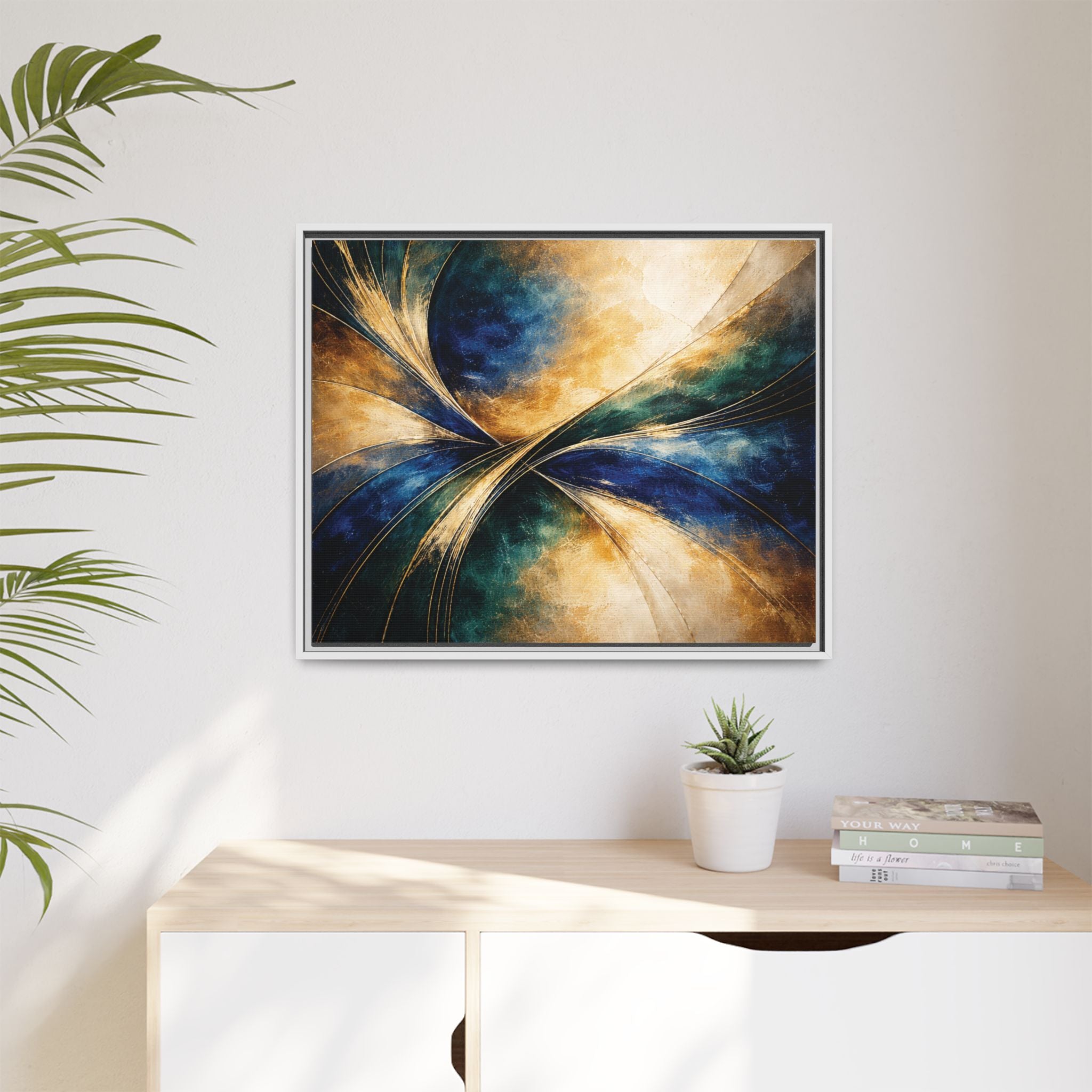 Gilded Convergence  Luxe NeoDeco Blue & Gold Abstract Wall Art Framed