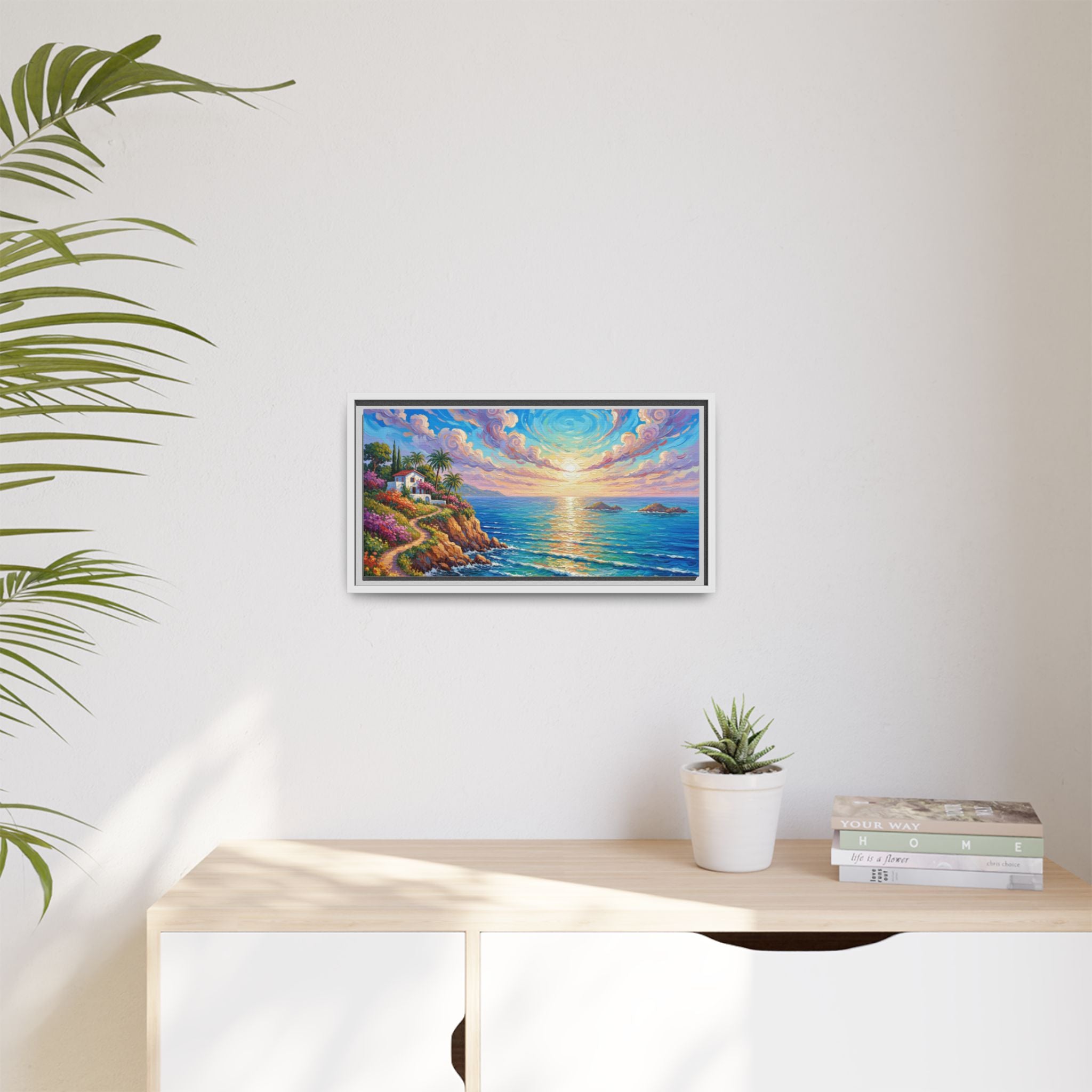 Toile imprimée florale océanique | Décoration murale colorée et lumineuse de paysage marin, œuvre d'art de bureau encadrée et mate