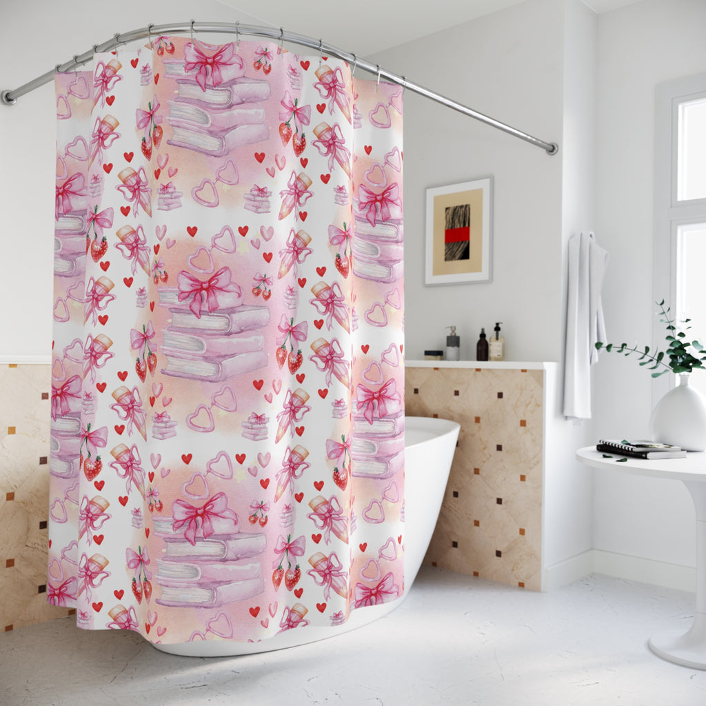 Romantic Pink Books and Bows Shower Curtain | Literary Bedroom Decor
