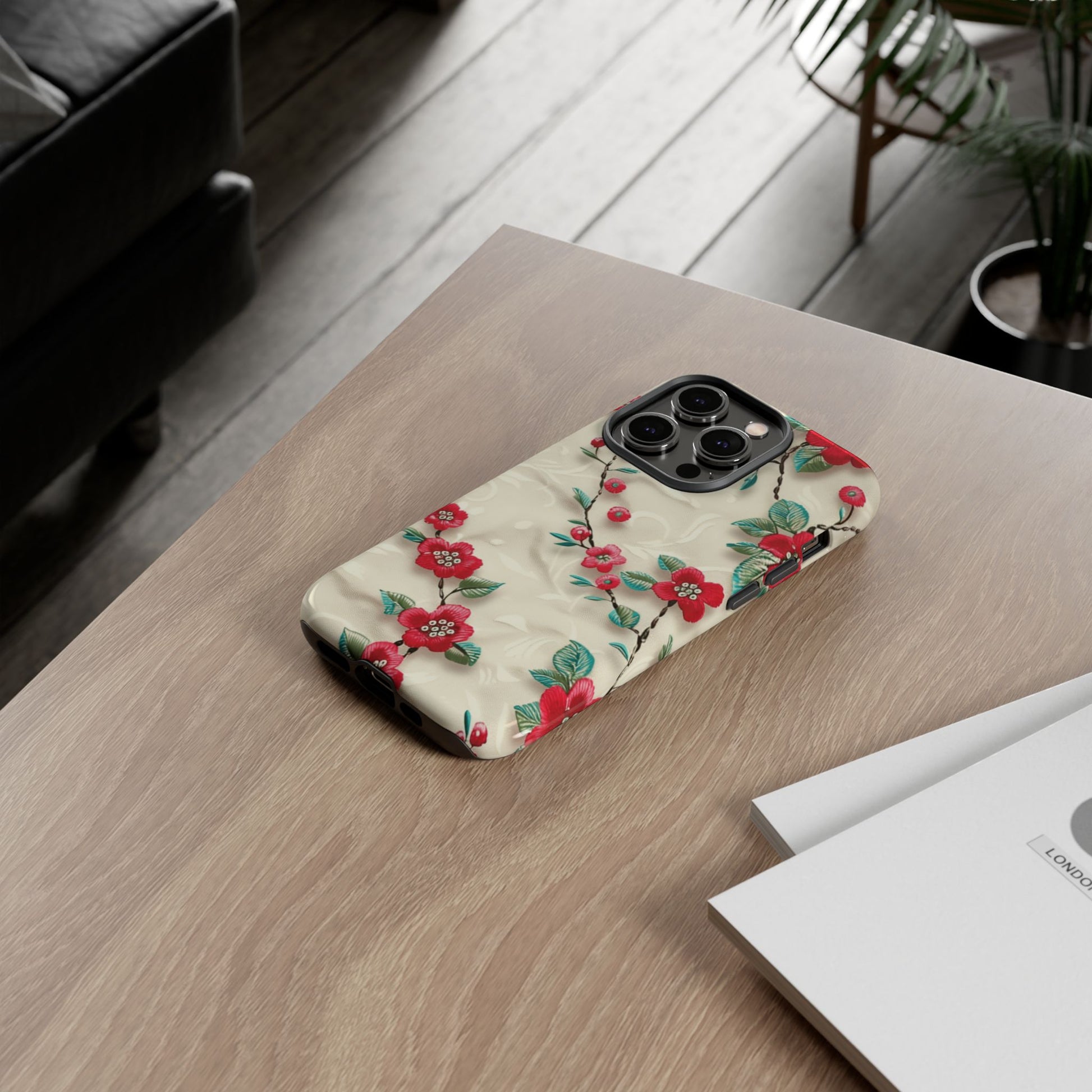 3D Embroidery Illusion Red Flowers Phone Case for iPhone, Samsung Pixel Artistic Floral Protection 15 14 13 12, 21 23 Gift for Her Perfect for Floral Lover