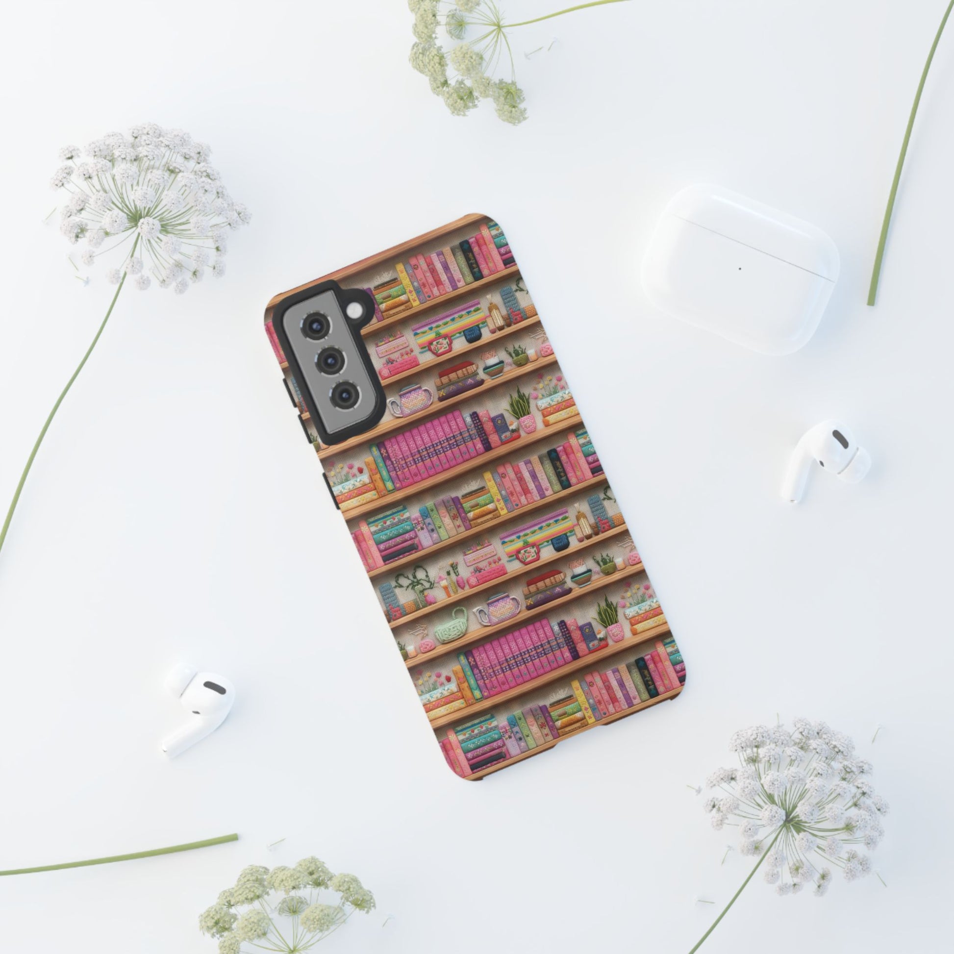 Whimsical 3D Embroidery Illusion Books on Pastel Shelves Phone Case for iPhone, Samsung & Pixel: Unique Accessory for Literary Enthusiasts Gift for Her Perfect for Floral Lover