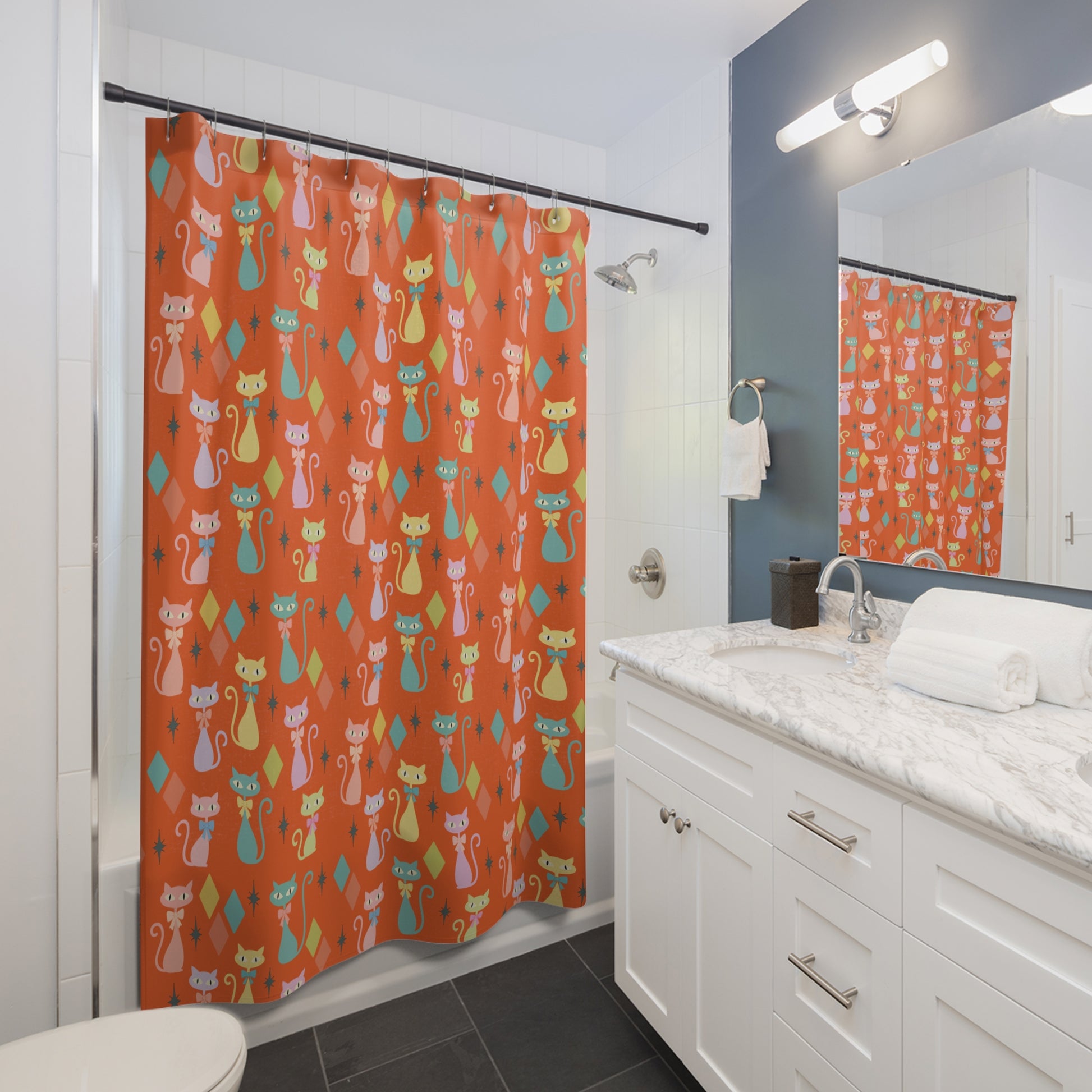 Atomic Cat Shower Curtain  Mid‑Century Modern Orange Retro Cat Bathroom Decor, Vintage Cat Lover Gift, 71×74 in Fabric Curtain Hooks Not Included