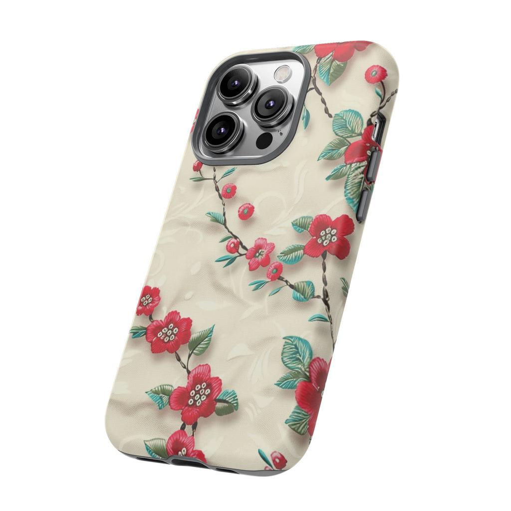 3D Embroidery Illusion Red Flowers Phone Case for iPhone, Samsung Pixel Artistic Floral Protection 15 14 13 12, 21 23 Gift for Her Perfect for Floral Lover
