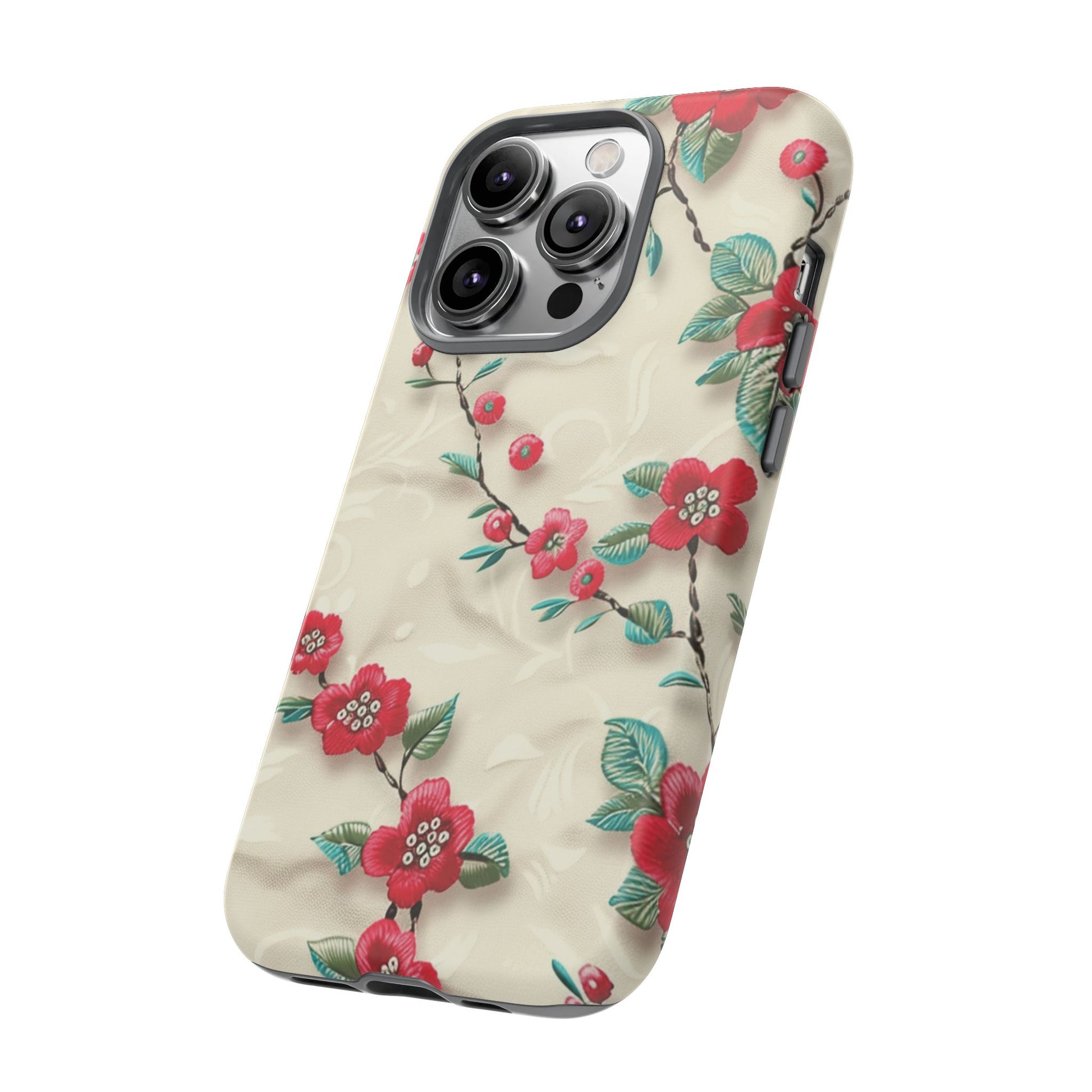 3D Embroidery Illusion Red Flowers Phone Case for iPhone, Samsung Pixel Artistic Floral Protection 15 14 13 12, 21 23 Gift for Her Perfect for Floral Lover