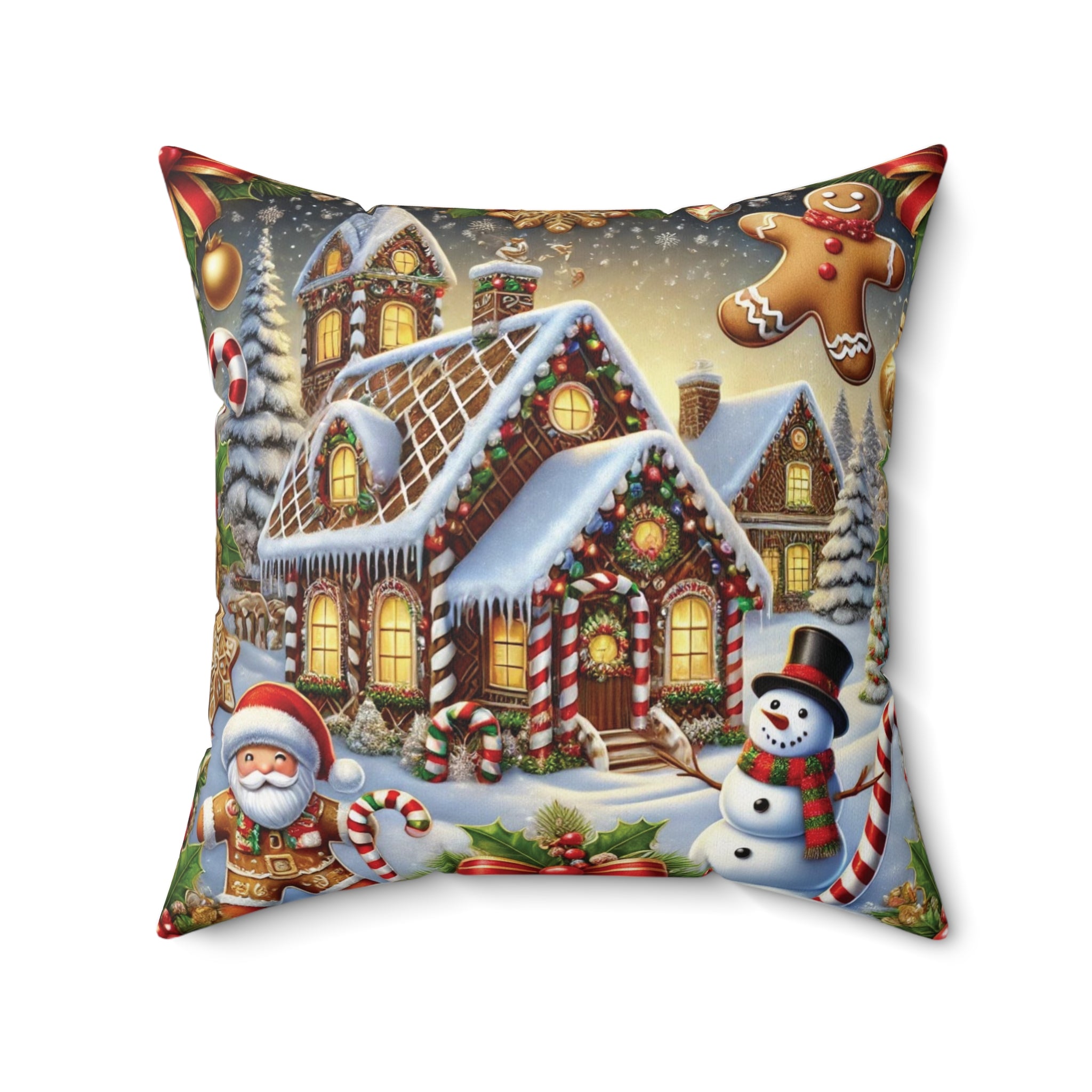 Holiday Throw Pillow - Gingerbread House, Snowman & Candy Cane Design, Festive Christmas Decor, Cozy Accent for Living Room or Bedroom - MRSBYVALLE