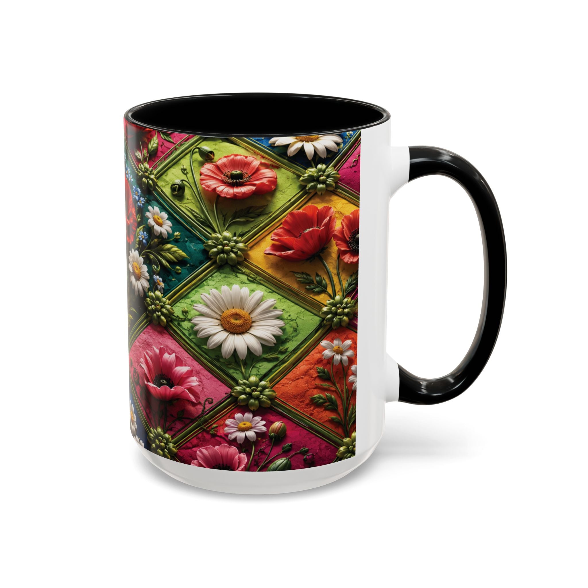 Floral Patchwork Accent Coffee Mug — Colorful Poppies & Daisies (11/15oz) 3D Illusion