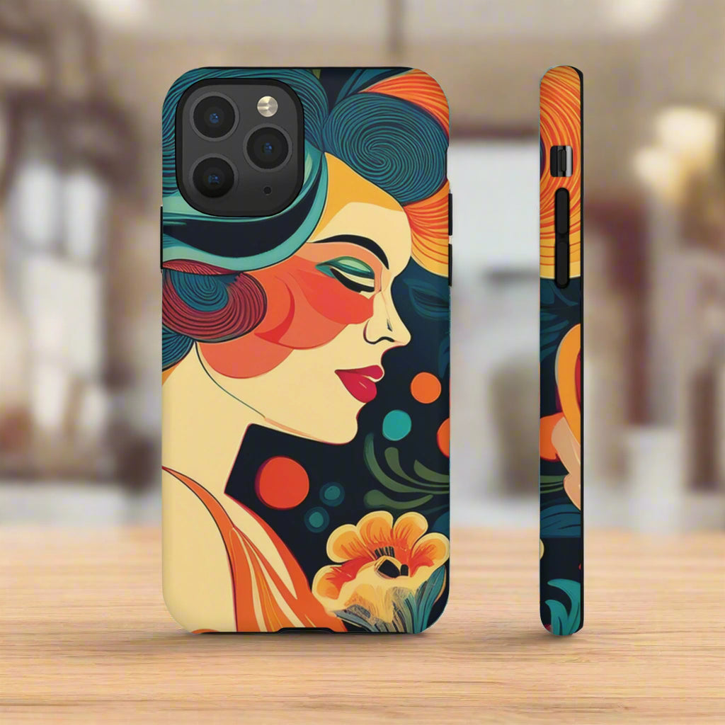 Phone case with colorful design of a woman's face and flowers on a white background