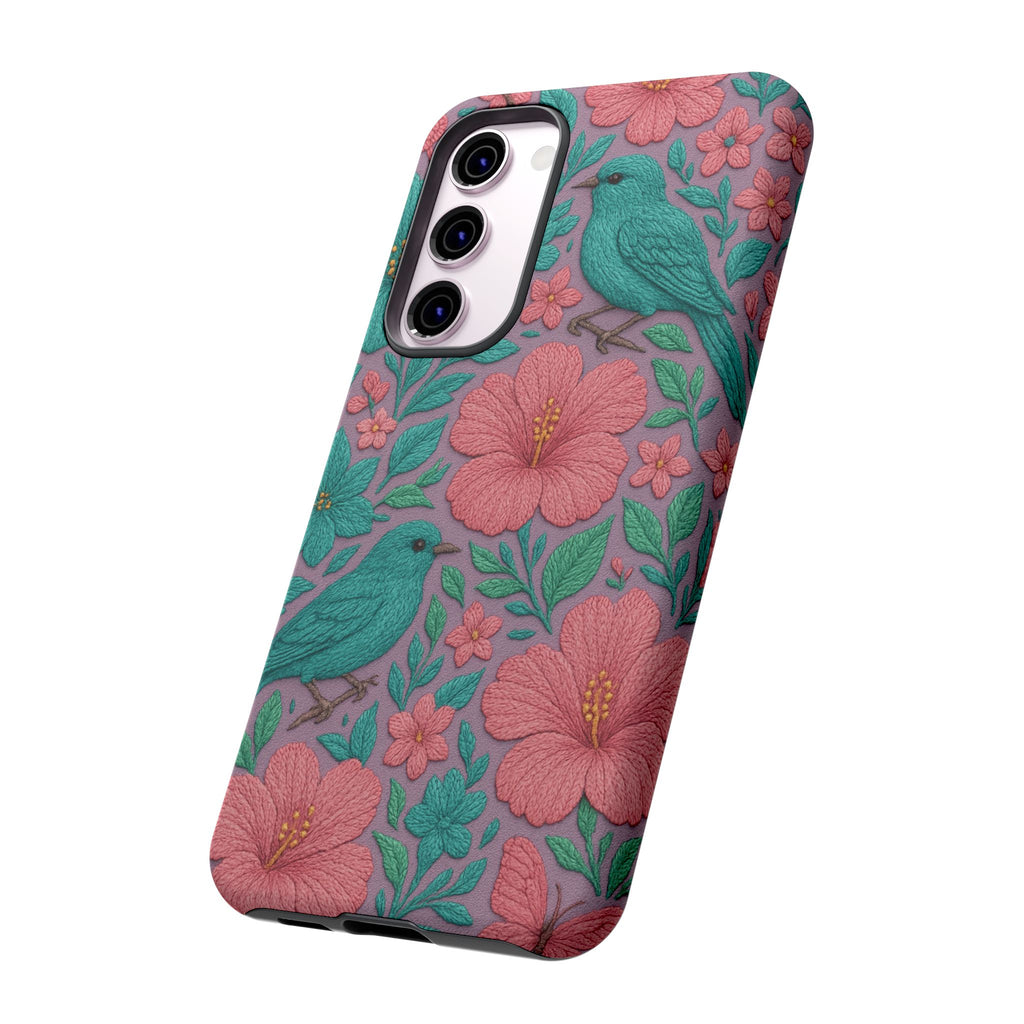 Turquoise, Pink and Lavender 3D Embroidery Illusion Phone Case Tropical Flowers, Birds & Butterflies Cover with Bold, Realistic Floral Texture iPhone, Samsung