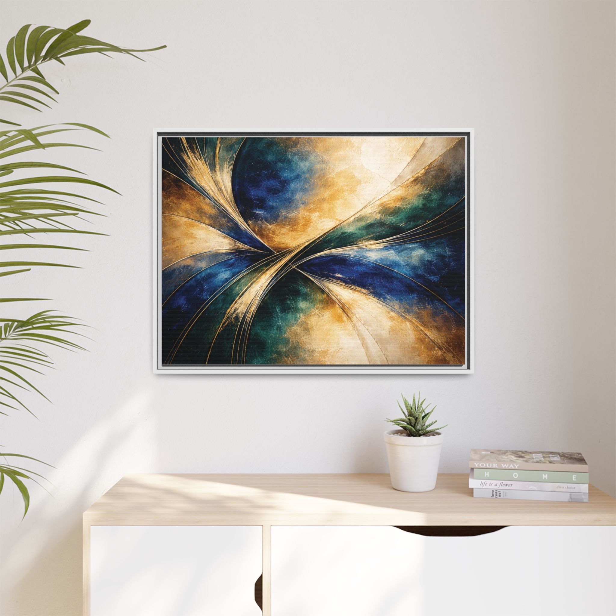 Gilded Convergence  Luxe NeoDeco Blue & Gold Abstract Wall Art Framed