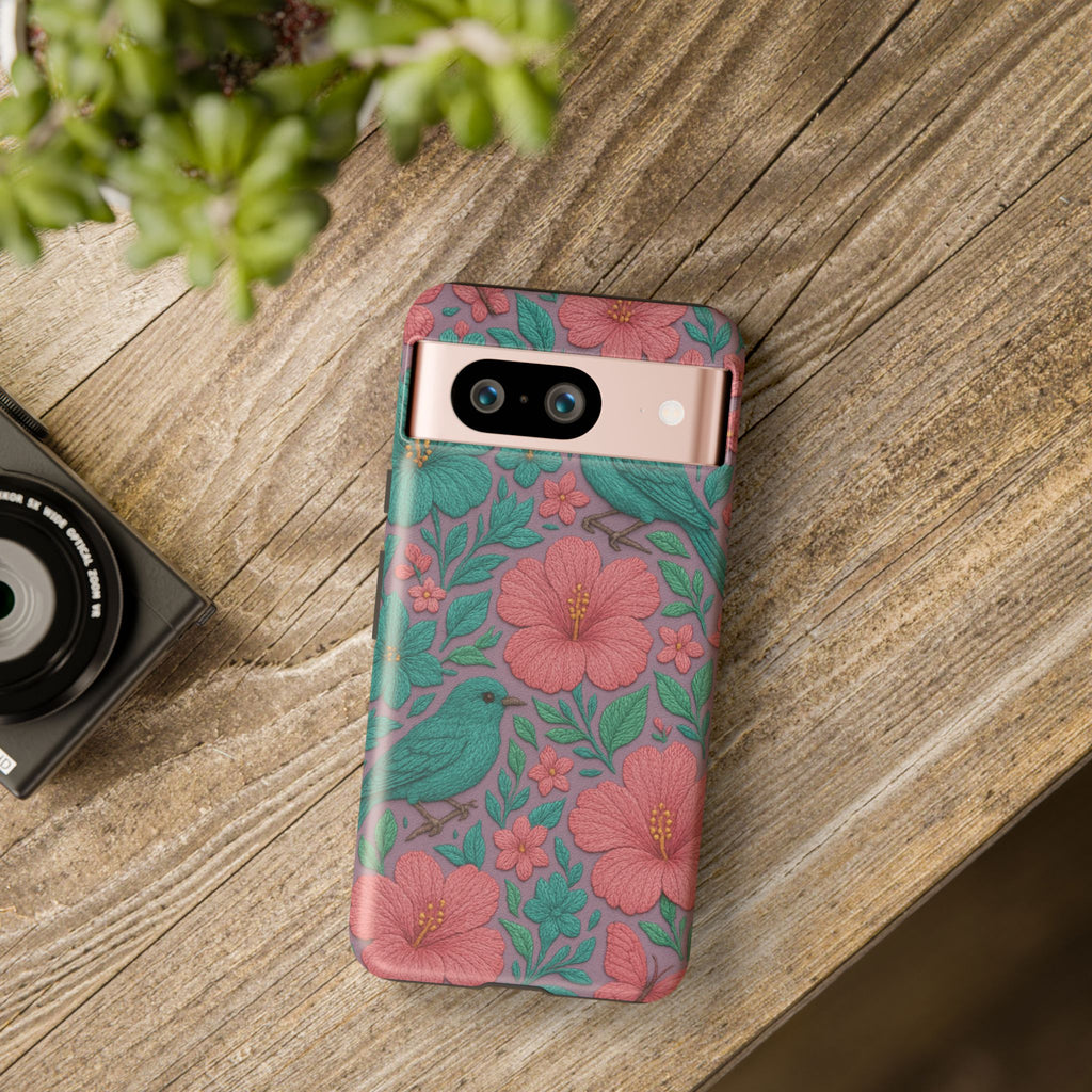 Turquoise, Pink and Lavender 3D Embroidery Illusion Phone Case Tropical Flowers, Birds & Butterflies Cover with Bold, Realistic Floral Texture iPhone, Samsung