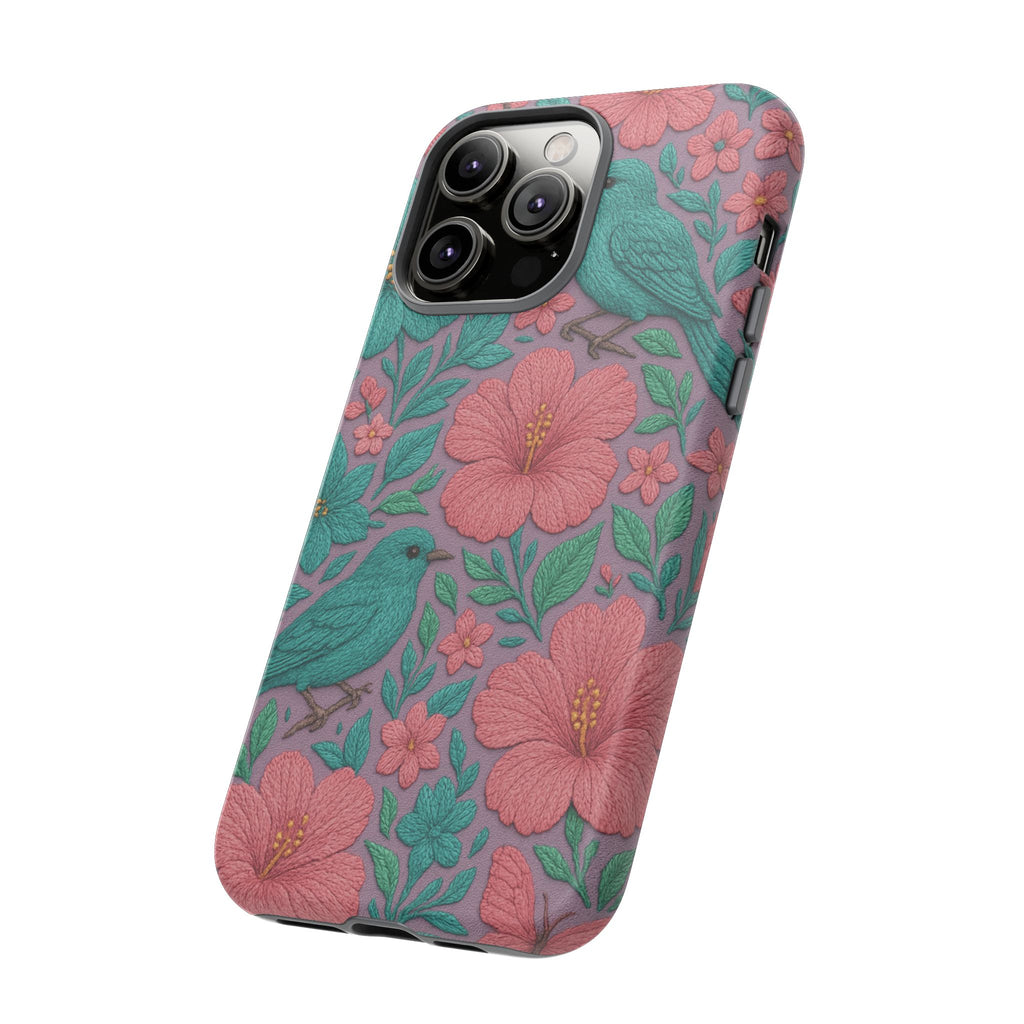 Turquoise, Pink and Lavender 3D Embroidery Illusion Phone Case Tropical Flowers, Birds & Butterflies Cover with Bold, Realistic Floral Texture iPhone, Samsung