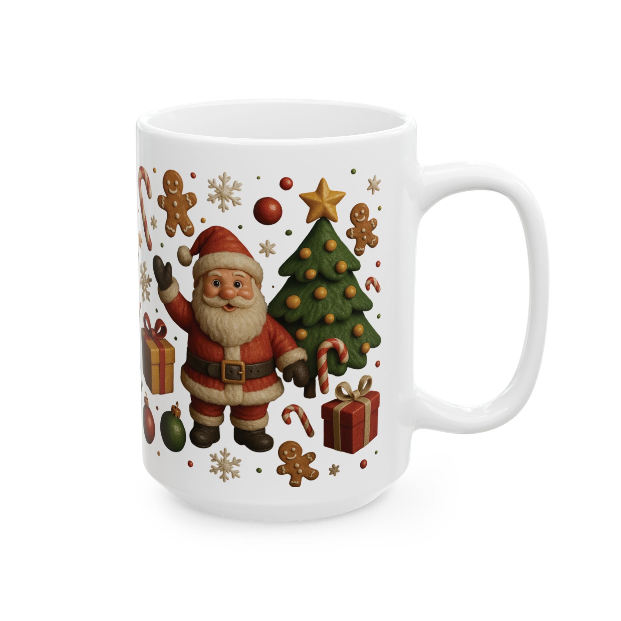 Santa & Tree Christmas Mug 11oz & 15oz Holiday Cup with Gingerbread, Candy Canes, Gifts – Perfect for Cocoa, Coffee, or Winter Mornings